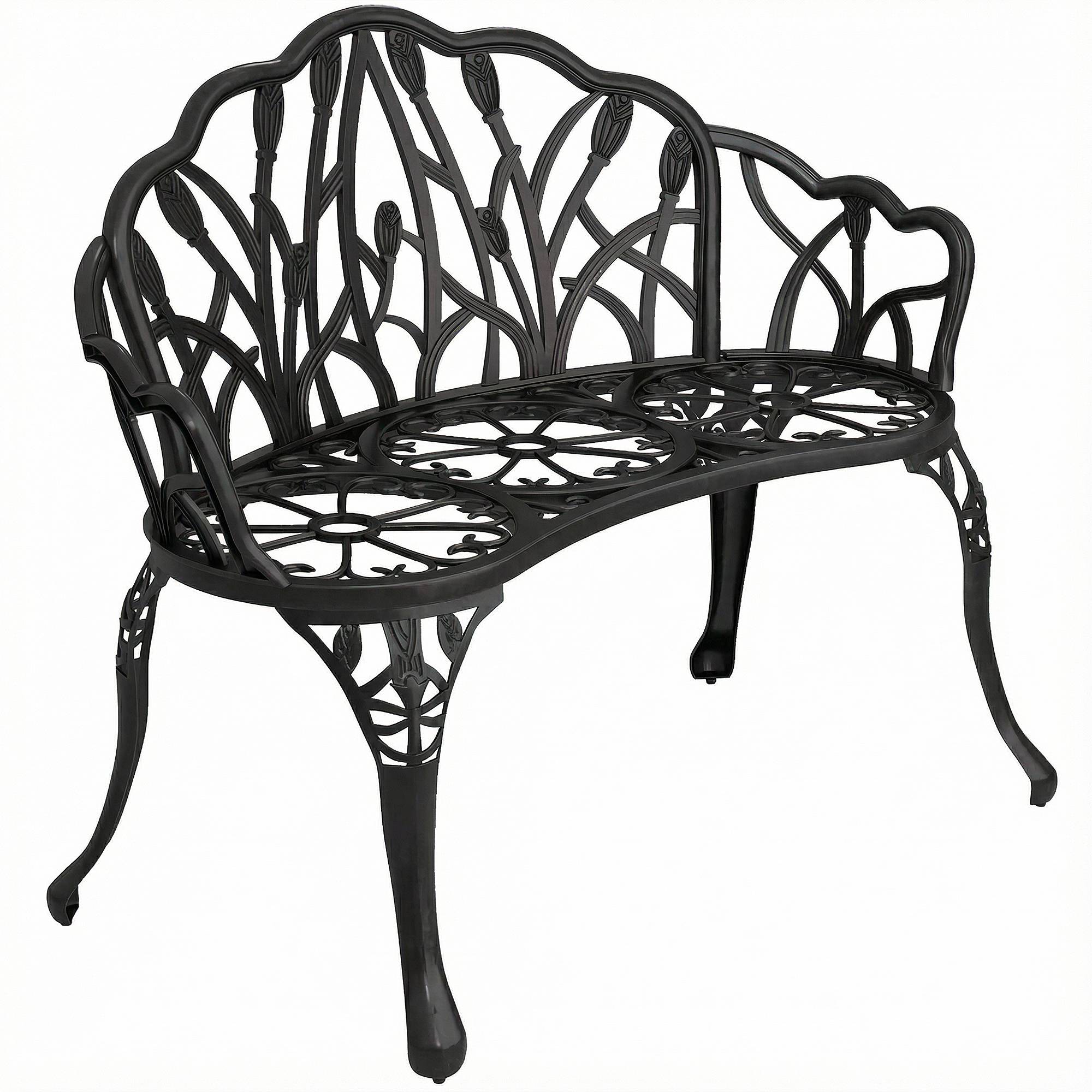 Banc de jardin 2 places : aluminium moulé, résistant, dossier tulipes, motif floral, 99x57x78 cm - Image 1