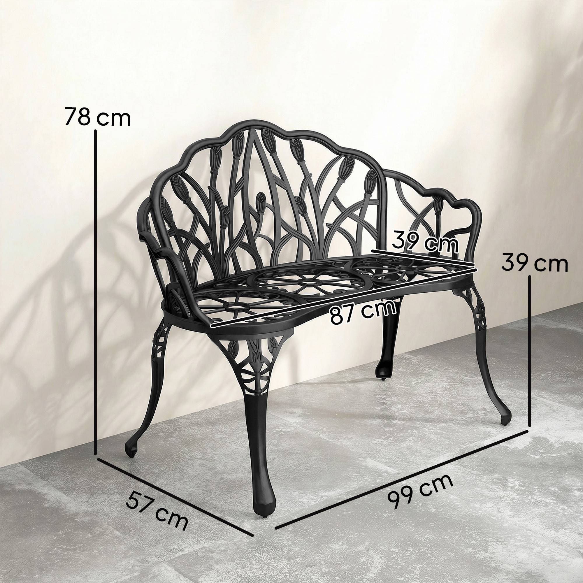 Banc de jardin 2 places : aluminium moulé, résistant, dossier tulipes, motif floral, 99x57x78 cm - Image 3
