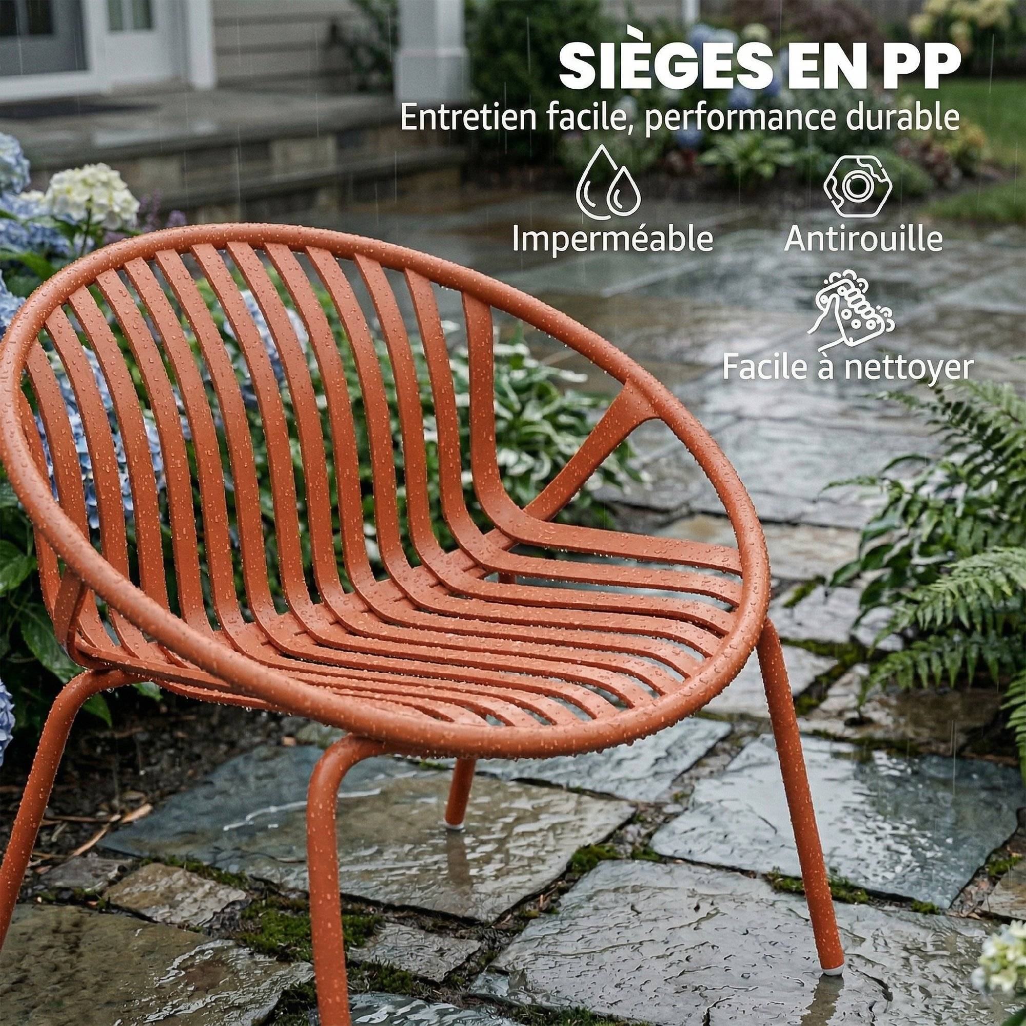 Salon de Jardin Ensemble Bistro 3 Pièces Table Basse à Plateau Concave Acier et Polypropylène 80x70x75cm Rouge Brique - Image 7