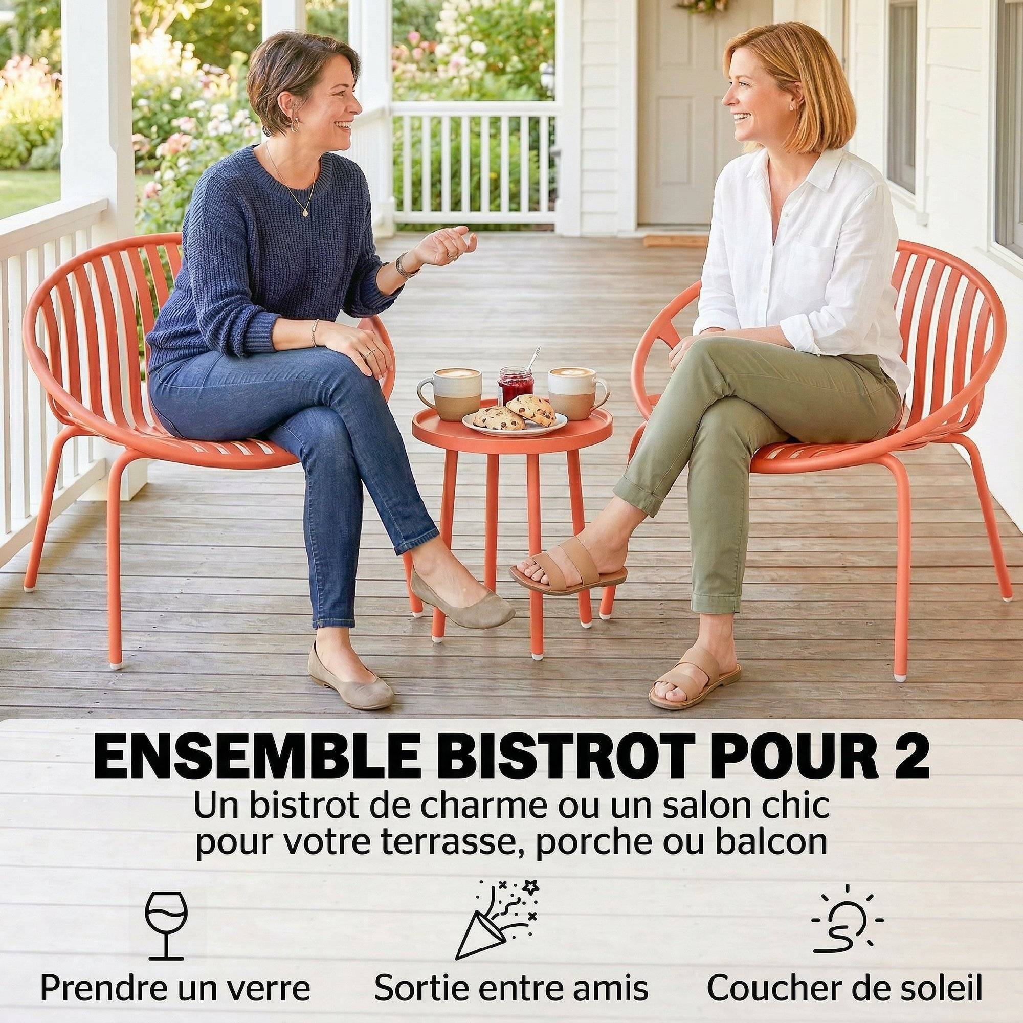 Salon de Jardin Ensemble Bistro 3 Pièces Table Basse à Plateau Concave Acier et Polypropylène 80x70x75cm Rouge Brique - Image 9