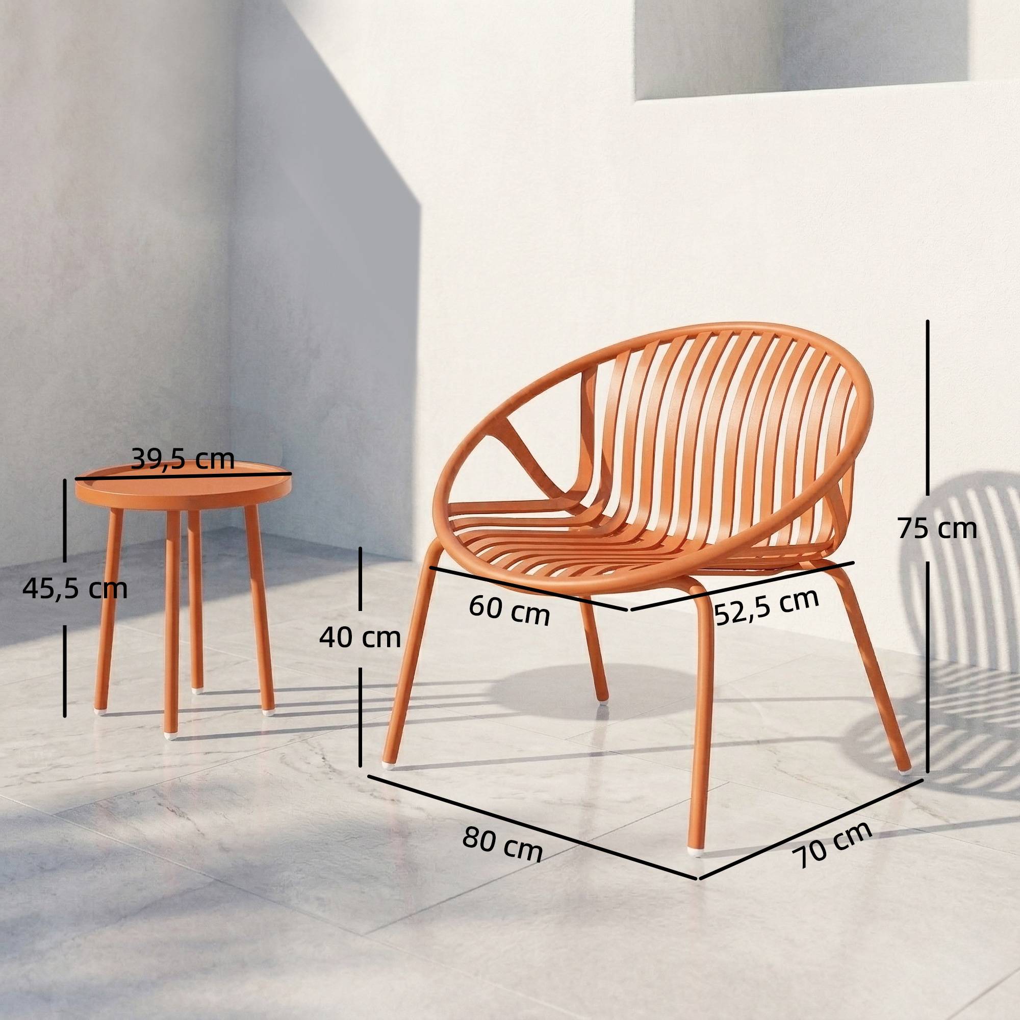 Salon de Jardin Ensemble Bistro 3 Pièces Table Basse à Plateau Concave Acier et Polypropylène 80x70x75cm Rouge Brique - Image 5