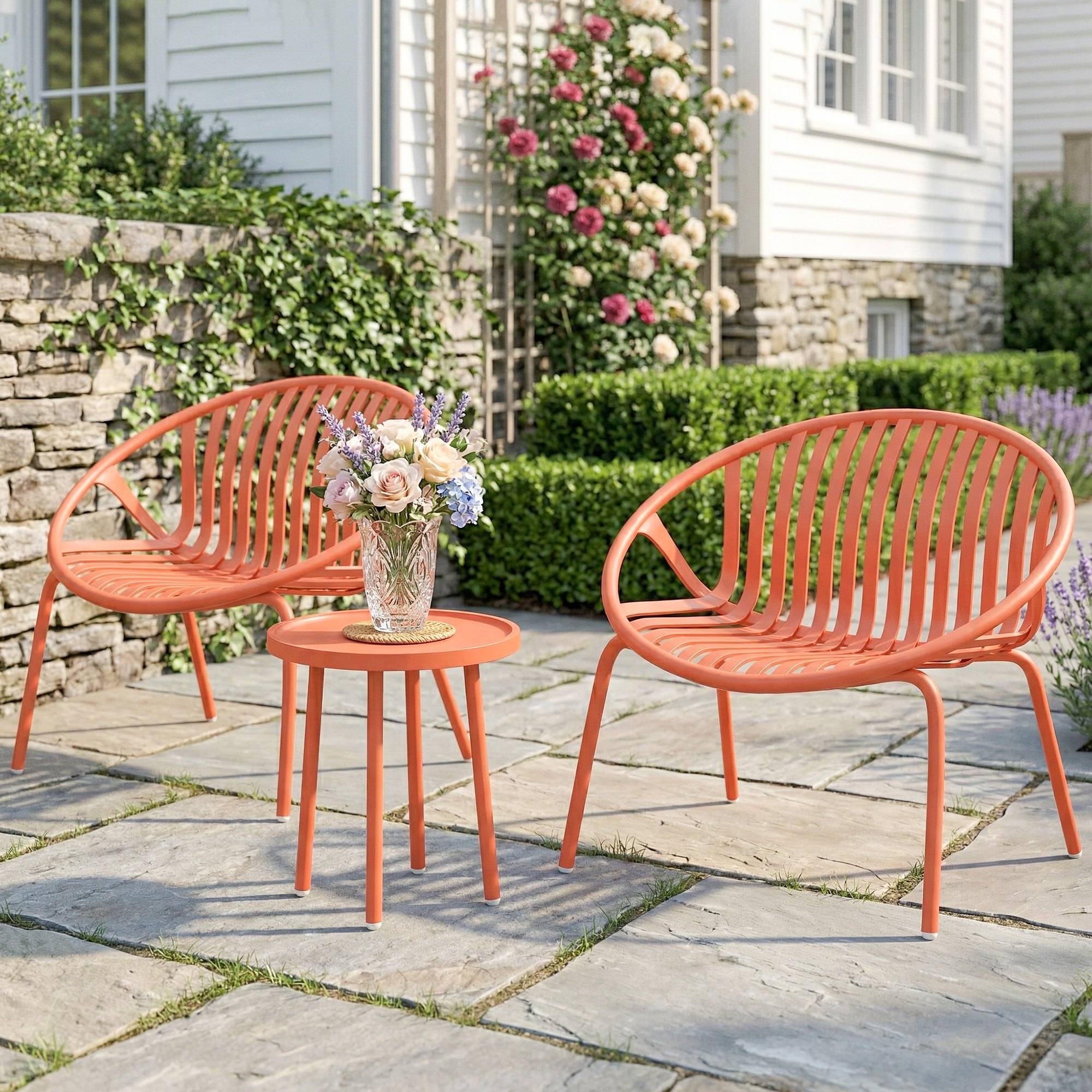 Salon de Jardin Ensemble Bistro 3 Pièces Table Basse à Plateau Concave Acier et Polypropylène 80x70x75cm Rouge Brique - Image 4