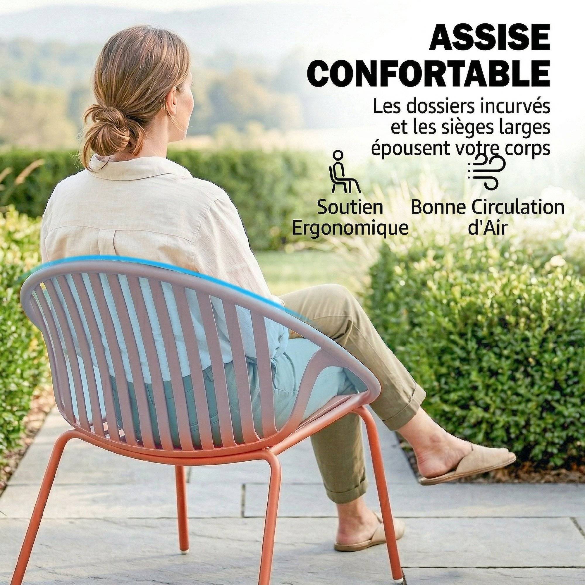 Salon de Jardin Ensemble Bistro 3 Pièces Table Basse à Plateau Concave Acier et Polypropylène 80x70x75cm Rouge Brique - Image 6