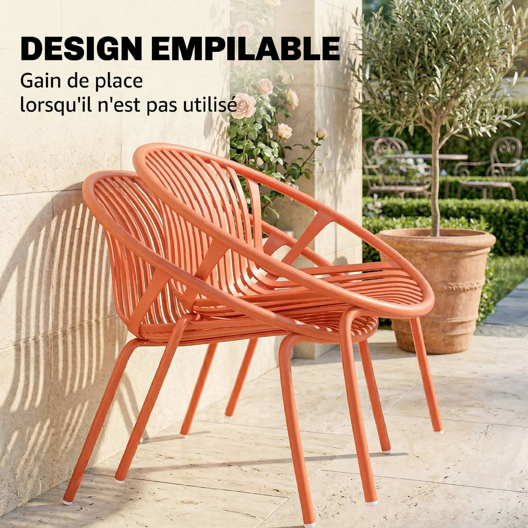 Salon de Jardin Ensemble Bistro 3 Pièces Table Basse à Plateau Concave Acier et Polypropylène 80x70x75cm Rouge Brique - Image 8