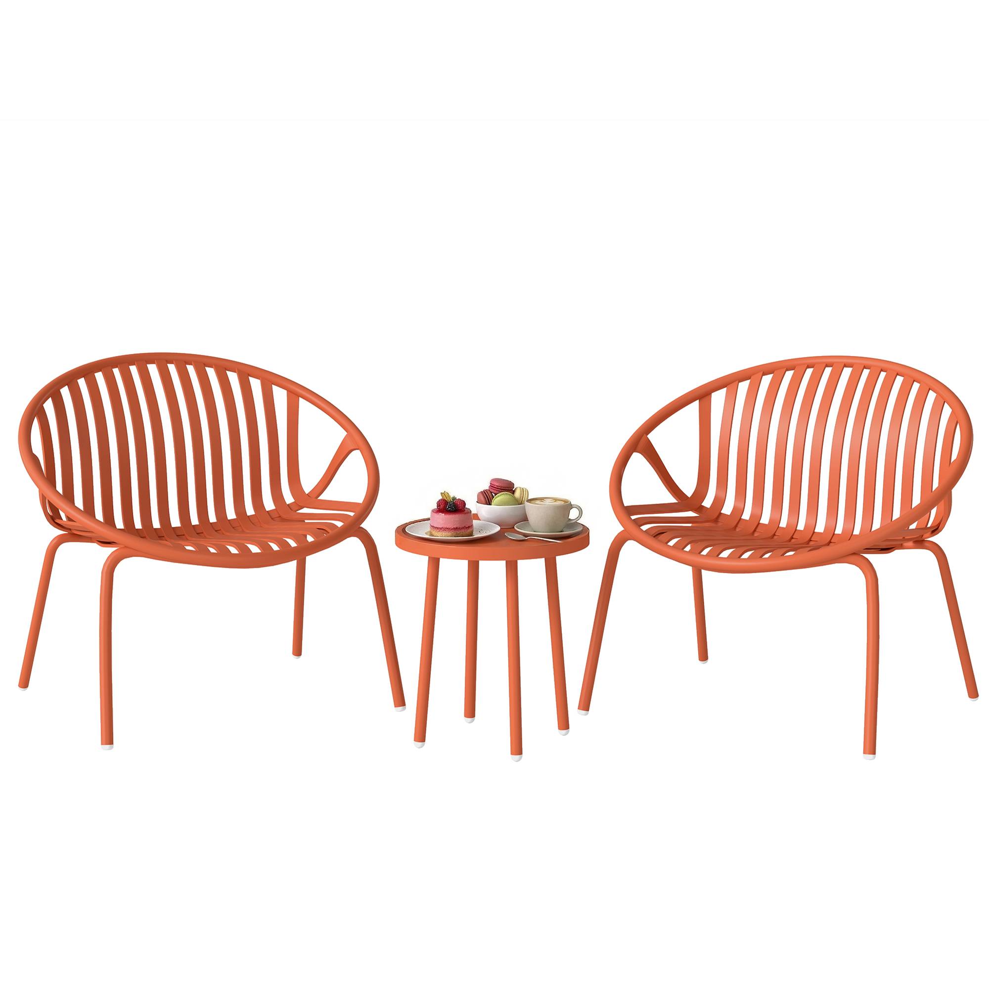 Salon de Jardin Ensemble Bistro 3 Pièces Table Basse à Plateau Concave Acier et Polypropylène 80x70x75cm Rouge Brique - Image 1