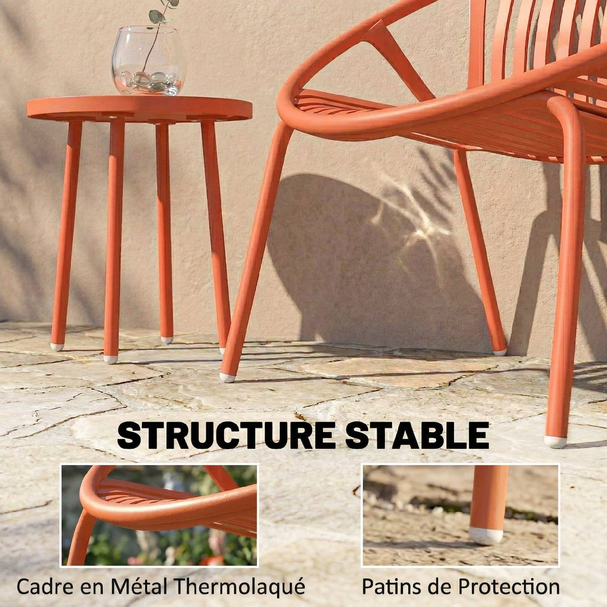 Salon de Jardin Ensemble Bistro 3 Pièces Table Basse à Plateau Concave Acier et Polypropylène 80x70x75cm Rouge Brique - Image 10