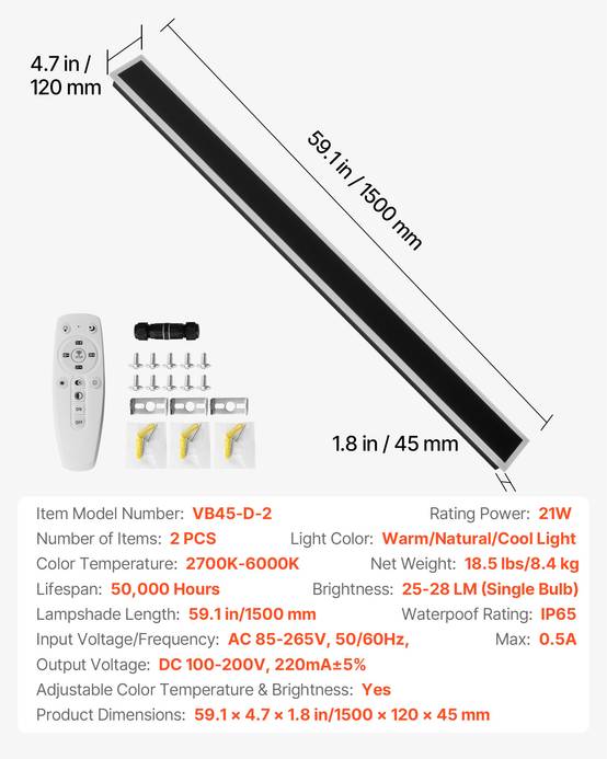 VEVOR Applique Murale Extérieur Éclairage LED 27 W Lot de 2 1,5 m 2700 K-6000 K - Image 7