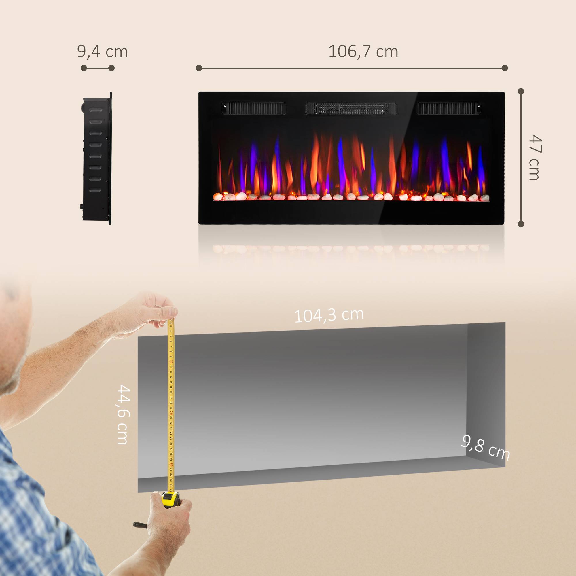Cheminée électrique murale encastrable ultrafine flamme 3D luminosité/vitesse réglable 12 couleurs galets 900/1800W - Image 5