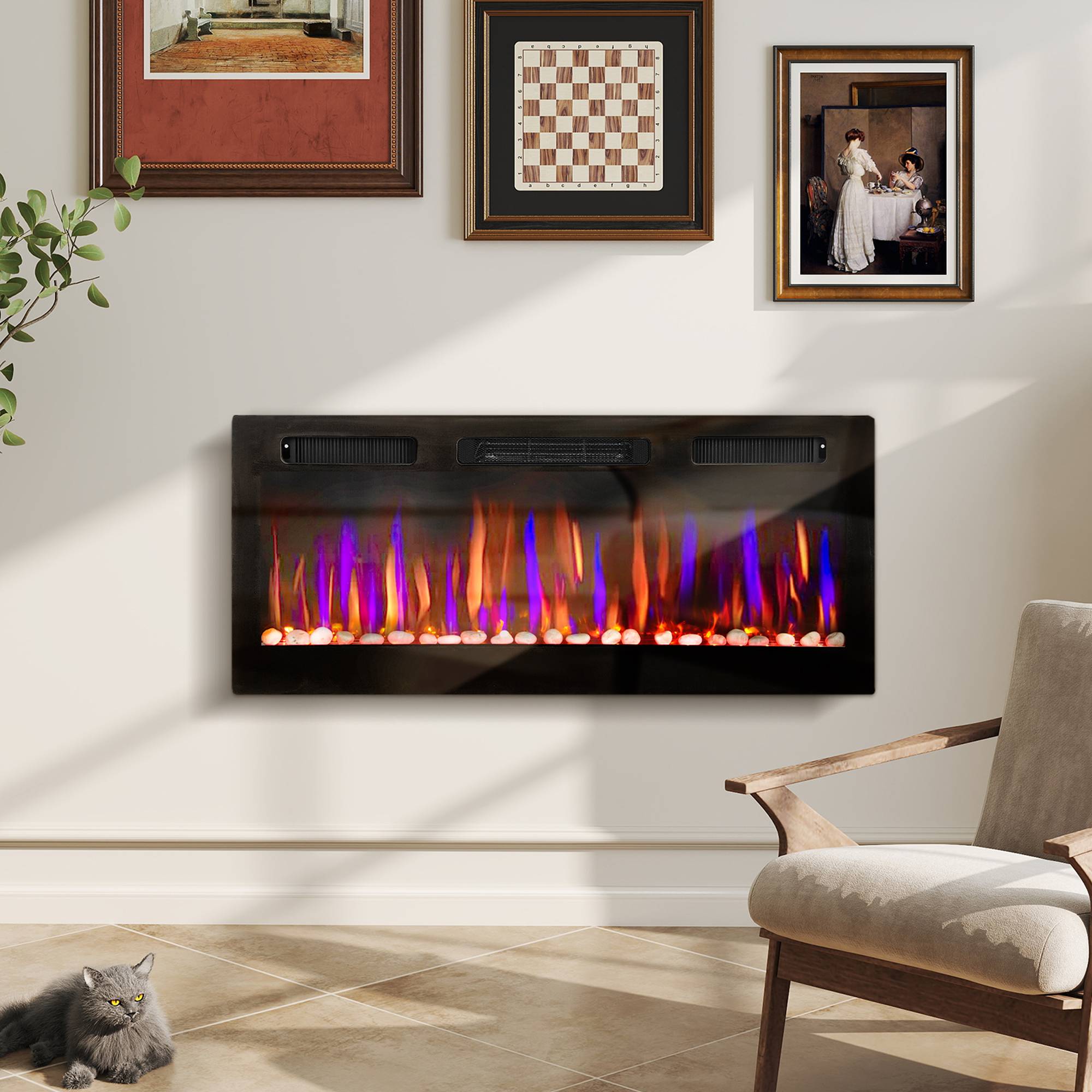 Cheminée électrique murale encastrable ultrafine flamme 3D luminosité/vitesse réglable 12 couleurs galets 900/1800W - Image 4