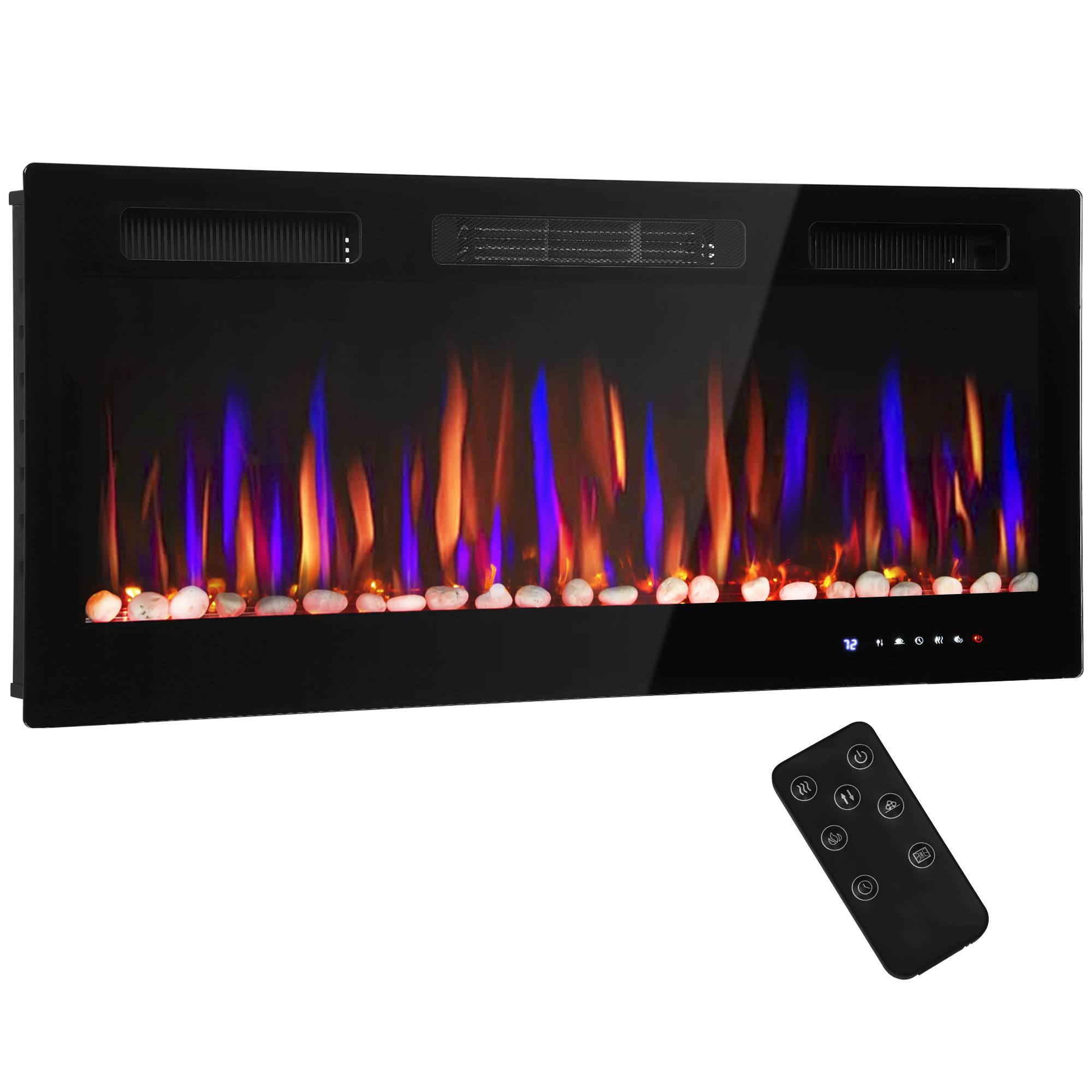 Cheminée électrique murale encastrable ultrafine flamme 3D luminosité/vitesse réglable 12 couleurs galets 900/1800W - Image 1