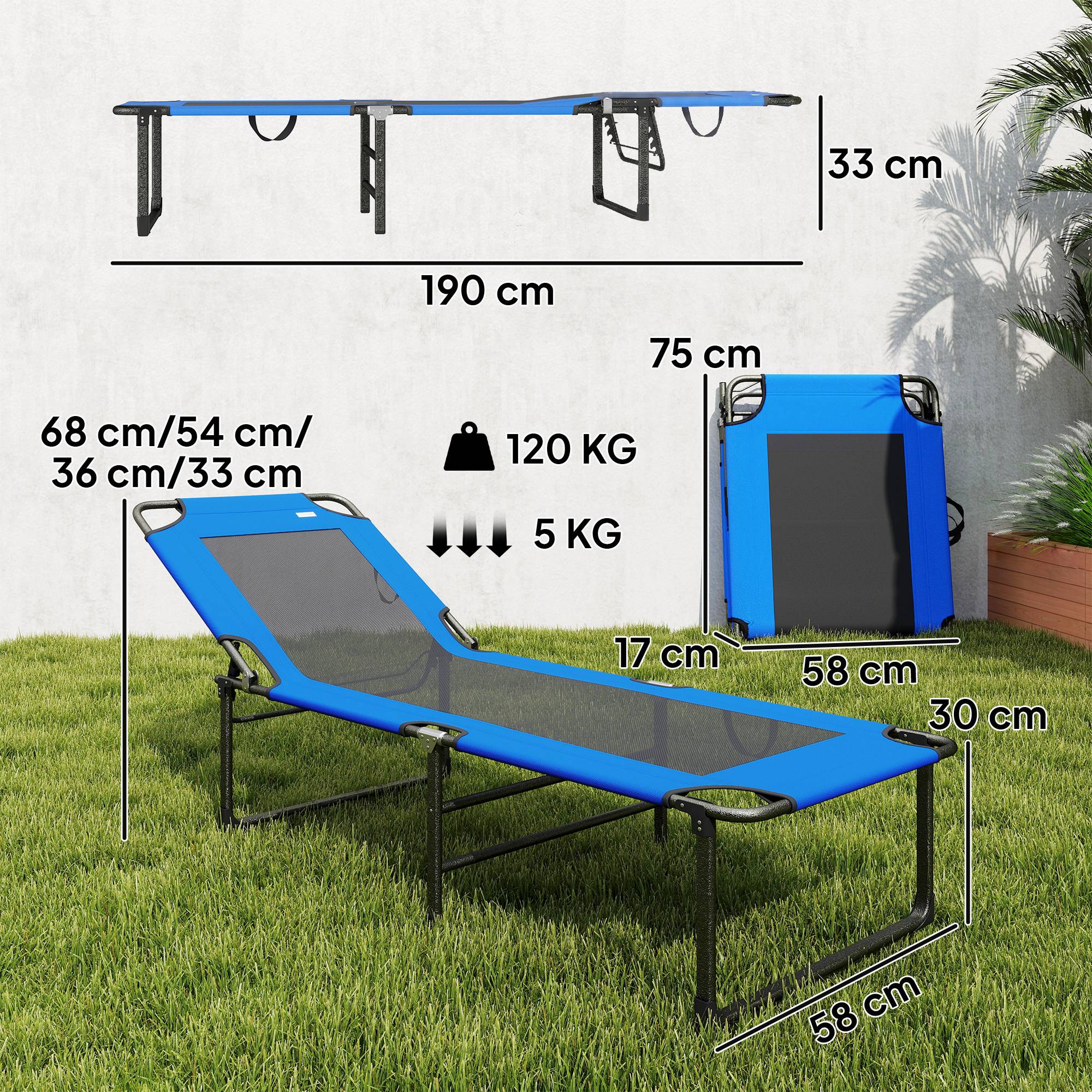 Sans Marque - Poubelle pliable Tumbona avec dossier réglable en 4 positions et revêtement textile. Charge maximale : 120 kg. Dimensions : 175 x 58 x 68 cm. Bleu. - Image 5