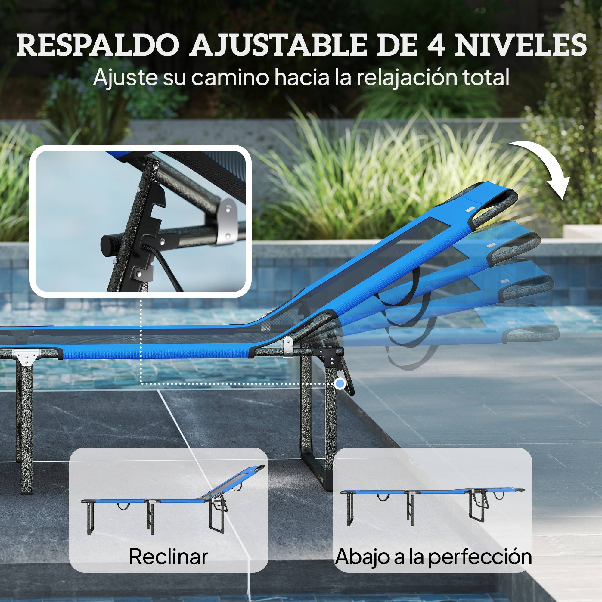 Sans Marque - Poubelle pliable Tumbona avec dossier réglable en 4 positions et revêtement textile. Charge maximale : 120 kg. Dimensions : 175 x 58 x 68 cm. Bleu. - Image 6