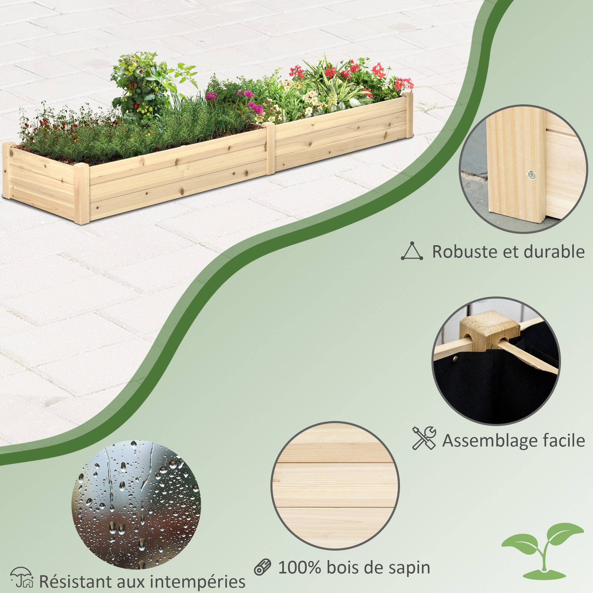 Grand Carré Potager en Bois 244 cm avec Séparateur et Feutre de Drainage Inclus - ComfortXL Outdoor Living - Image 9