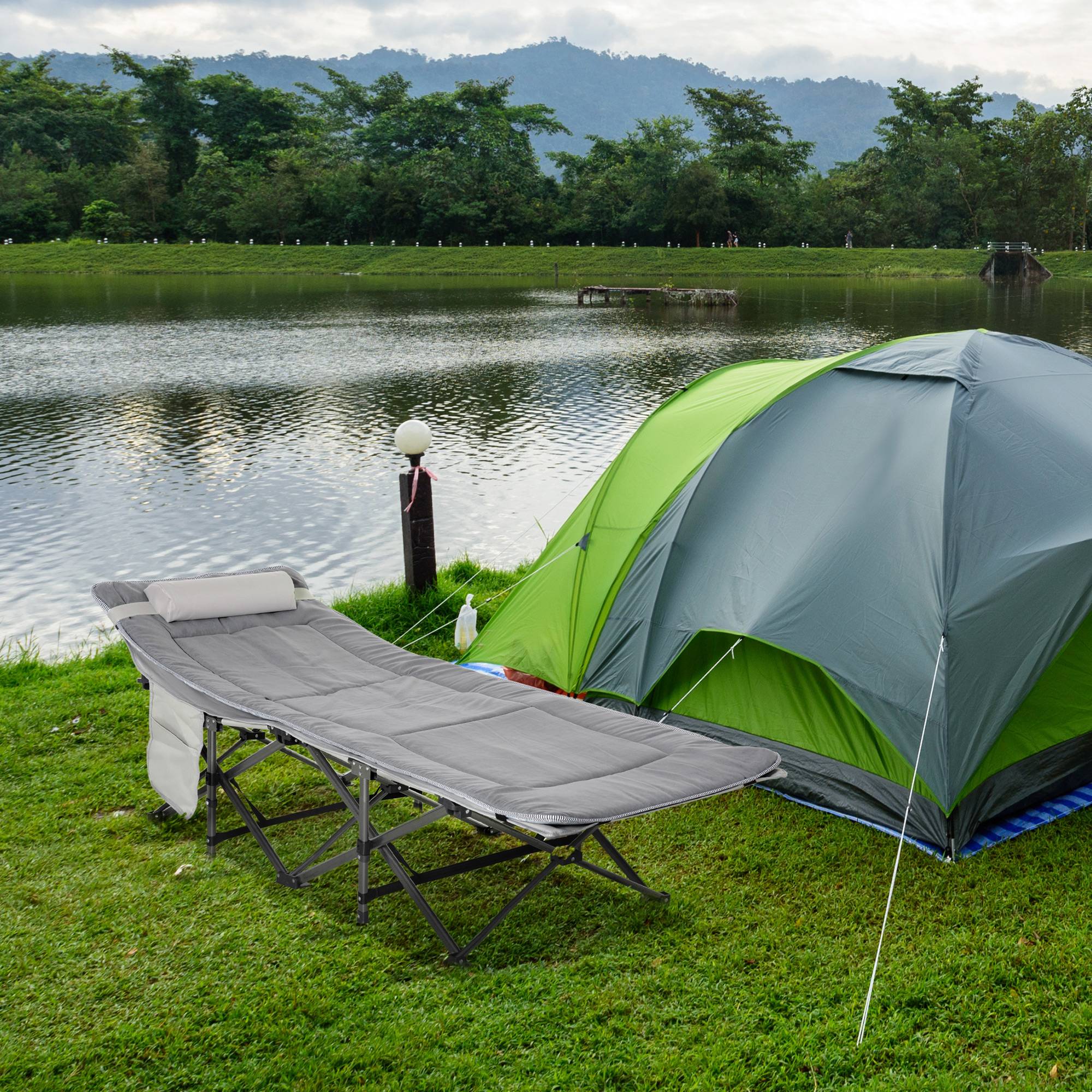 Lit de camp pliable et rembourré avec poche de rangement, 188x64,5x53 cm, gris clair - Image 4