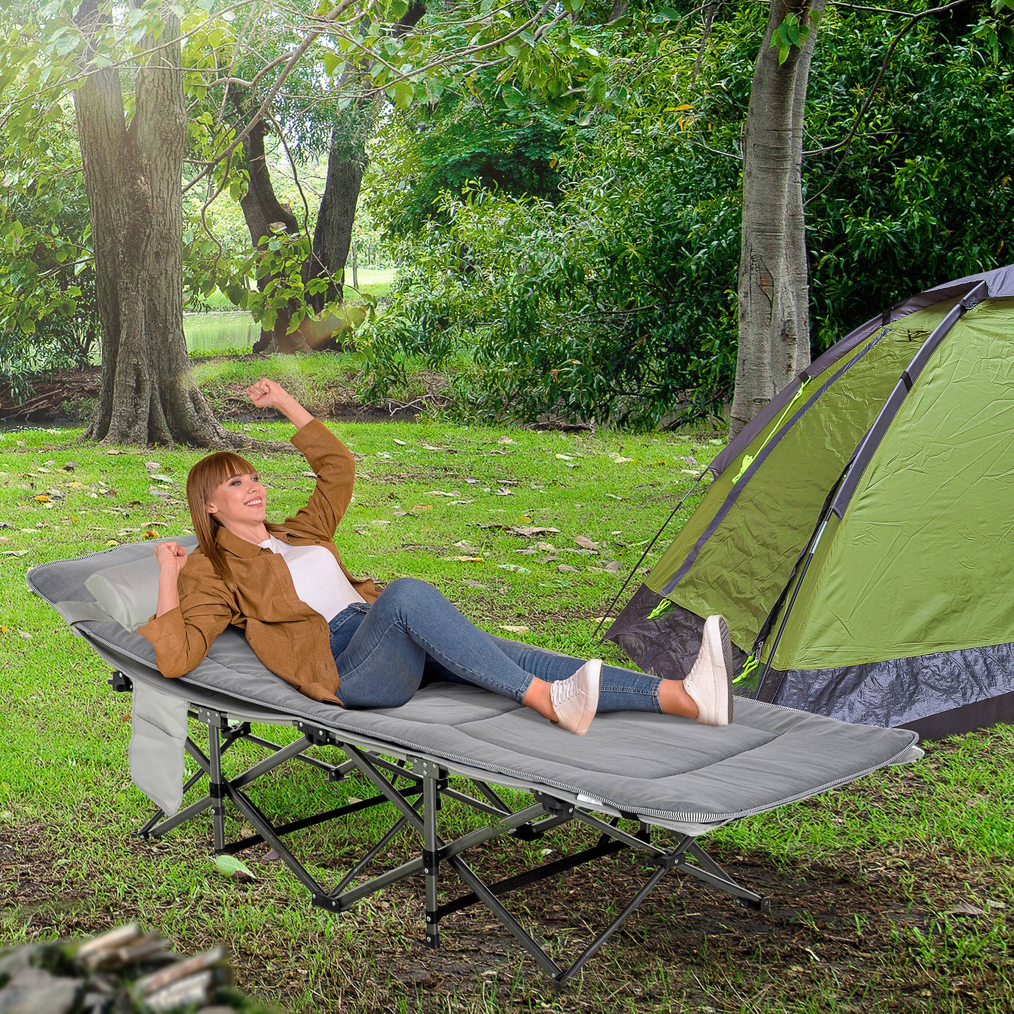 Lit de camp pliable et rembourré avec poche de rangement, 188x64,5x53 cm, gris clair - Image 3
