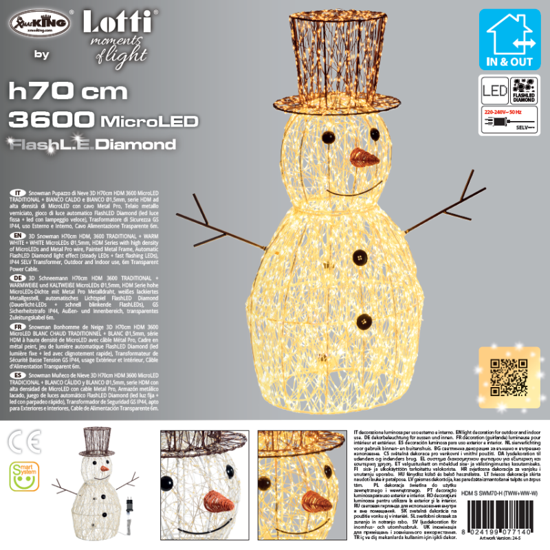 Lotti - Bonhomme de Neige lumineux 3D H70cm HDM Métal Pro 3600 MicroLED blanc chaud et froid FlashLED Diamond Lotti - Imagen 9