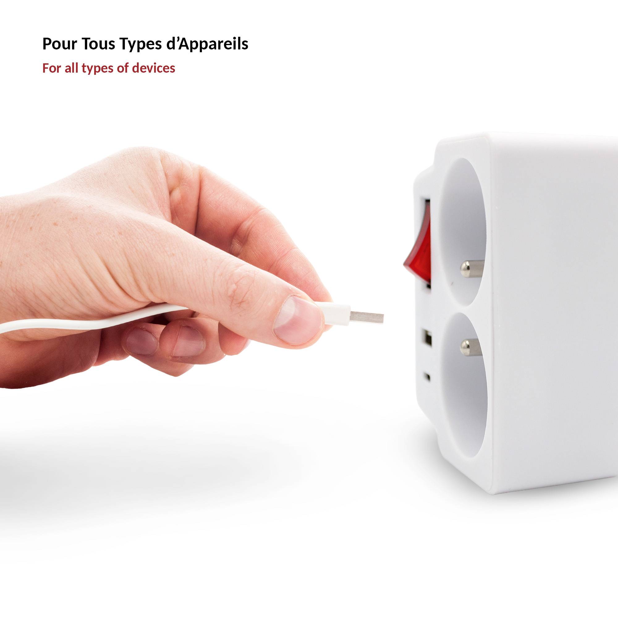 Fishtec - Multiprise murale FISHTEC, 2 prises secteur + 1 USB-A + 1 USB-C, équipée d'un interrupteur pour économie d'énergie, format compact et pratique - Image 5