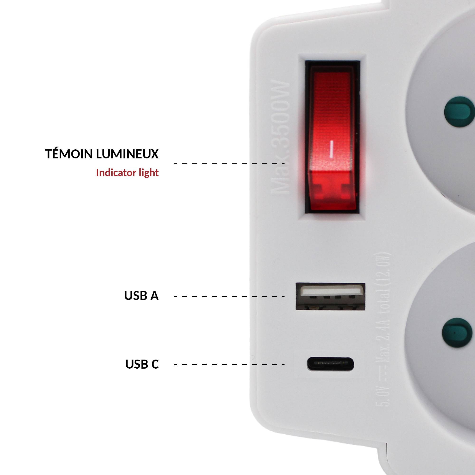 Fishtec - Multiprise murale FISHTEC, 2 prises secteur + 1 USB-A + 1 USB-C, équipée d'un interrupteur pour économie d'énergie, format compact et pratique - Image 3