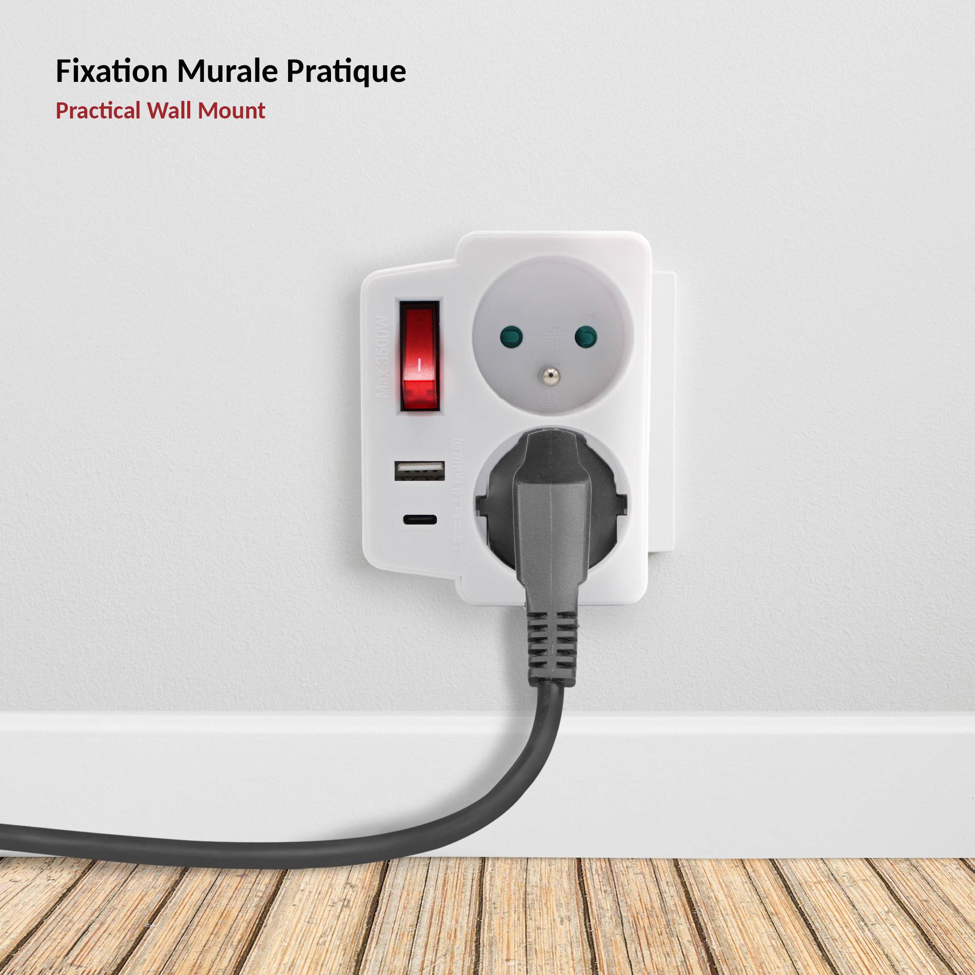 Fishtec - Multiprise murale FISHTEC, 2 prises secteur + 1 USB-A + 1 USB-C, équipée d'un interrupteur pour économie d'énergie, format compact et pratique - Image 4