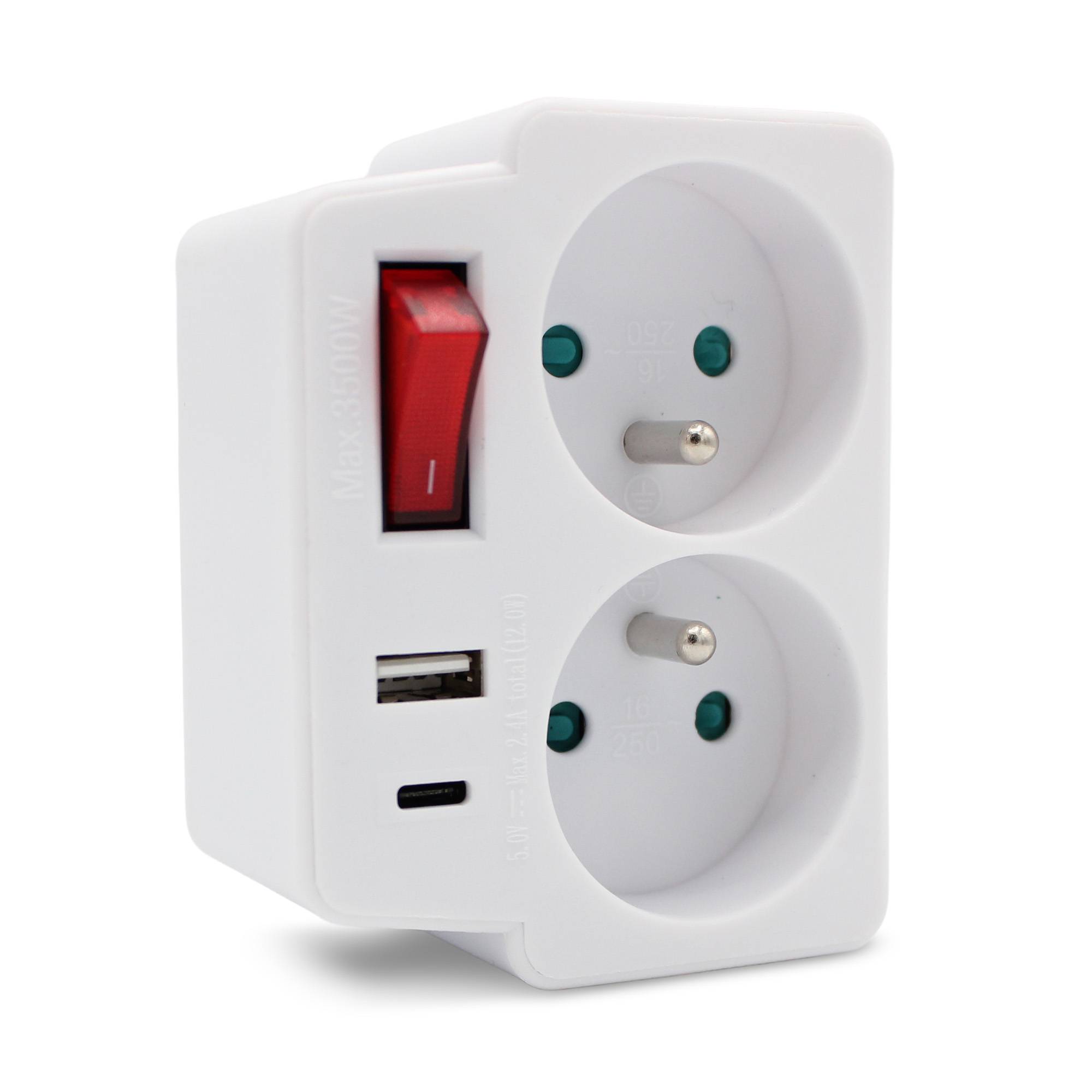 Fishtec - Multiprise murale FISHTEC, 2 prises secteur + 1 USB-A + 1 USB-C, équipée d'un interrupteur pour économie d'énergie, format compact et pratique - Image 1