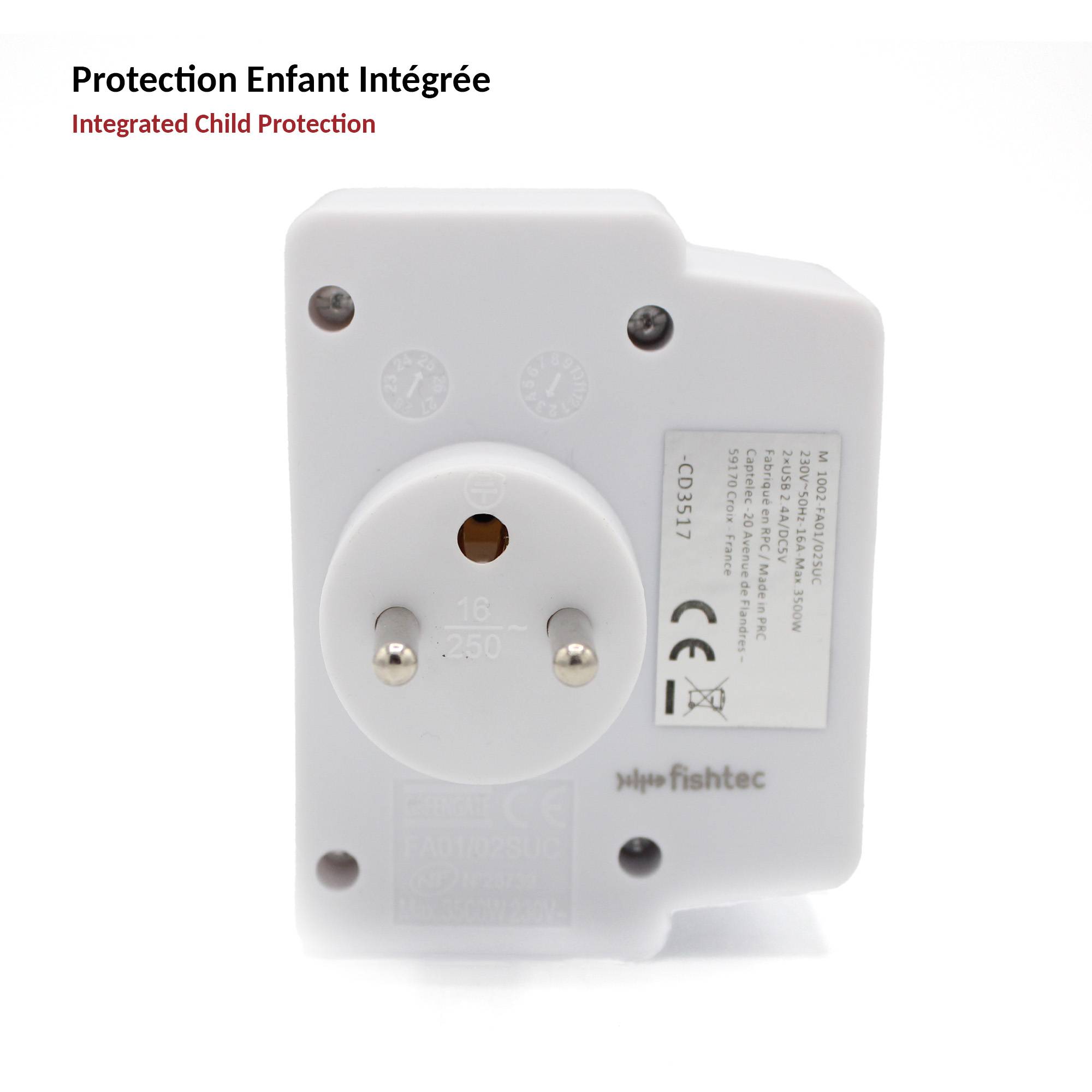 Fishtec - Multiprise murale FISHTEC, 2 prises secteur + 1 USB-A + 1 USB-C, équipée d'un interrupteur pour économie d'énergie, format compact et pratique - Image 8