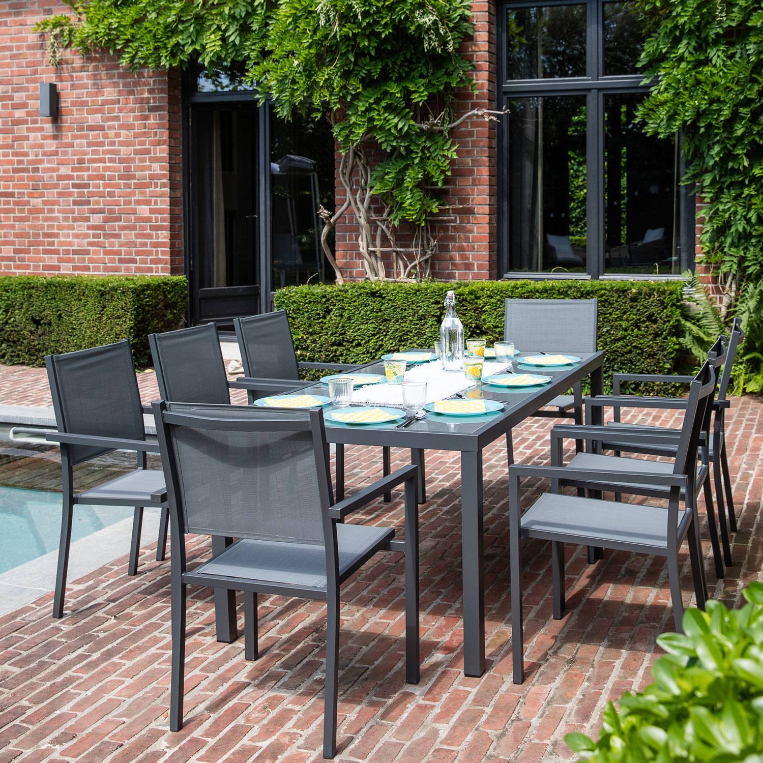 Salon de jardin BARI en textilène gris 8 places - aluminium anthracite - HAPPY GARDEN - Imagen 2