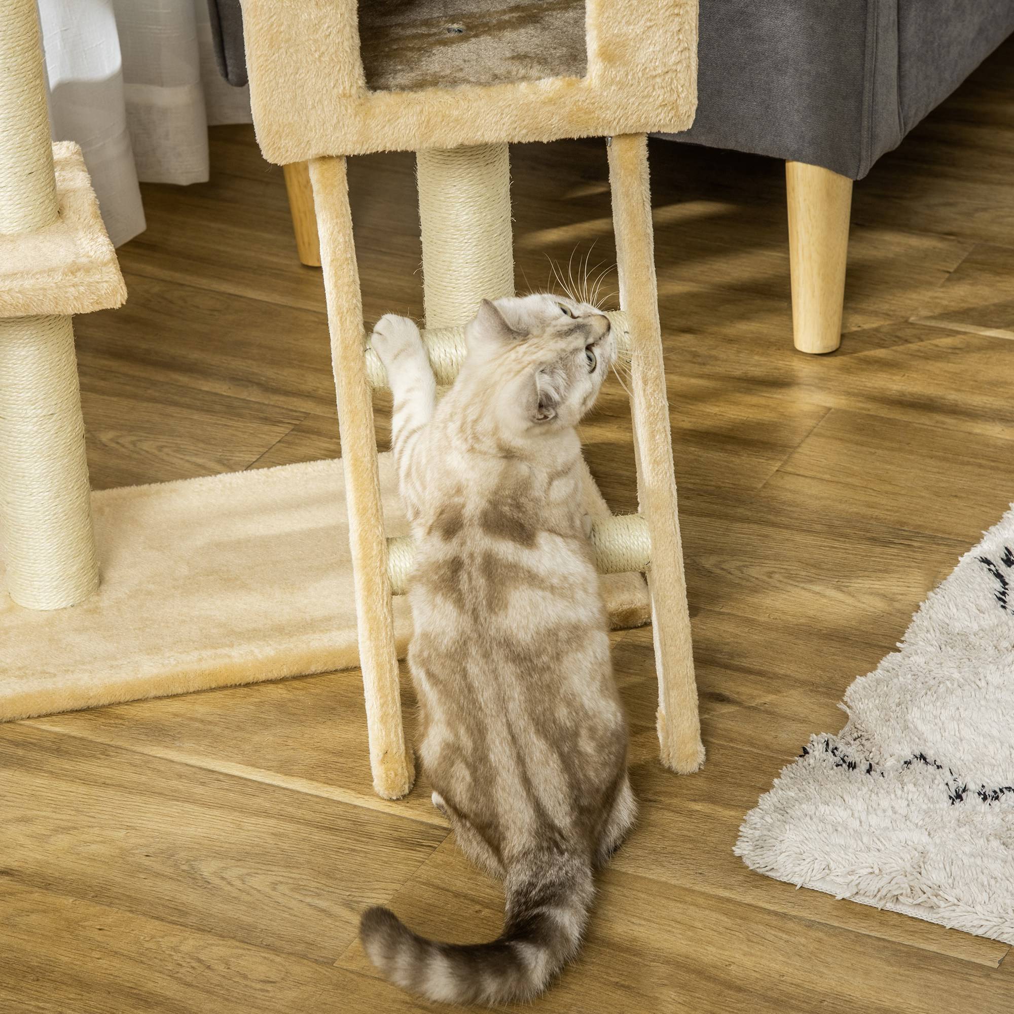 Arbre à chat griffoir panneaux particules pour chats centre multi-activités 98cm beige - ComfortXL Outdoor Living - Image 10