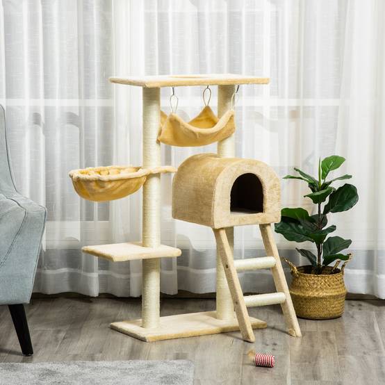 Arbre à chat griffoir panneaux particules pour chats centre multi-activités 98cm beige - ComfortXL Outdoor Living - Image 4