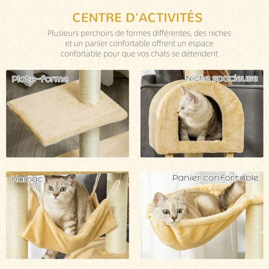 Arbre à chat griffoir panneaux particules pour chats centre multi-activités 98cm beige - ComfortXL Outdoor Living - Image 7