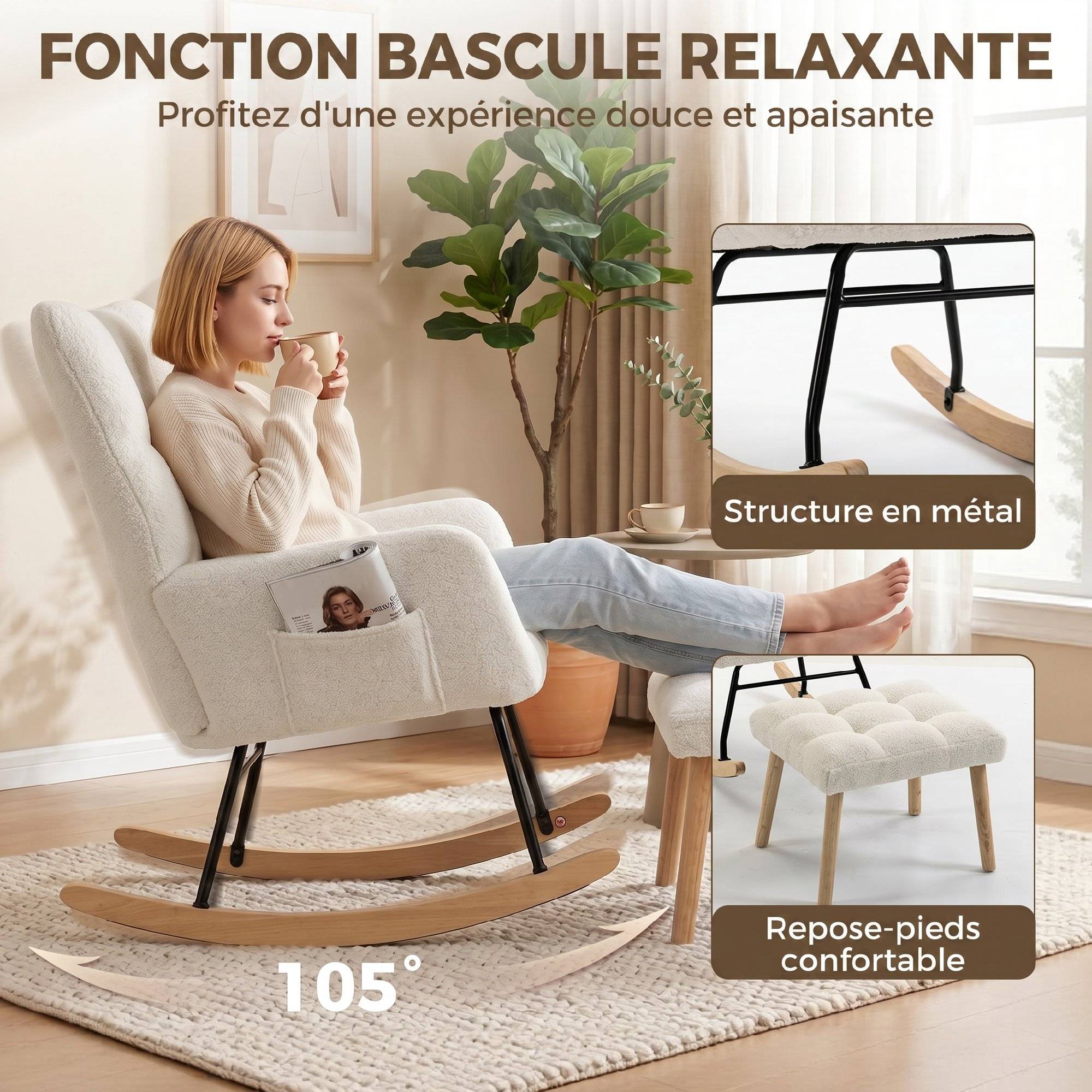Fauteuil à Bascule avec Repose-Pieds, Rocking Chair en Tissu Bouclette, Assise Rembourrée, Dossier Large, Crème - Image 6