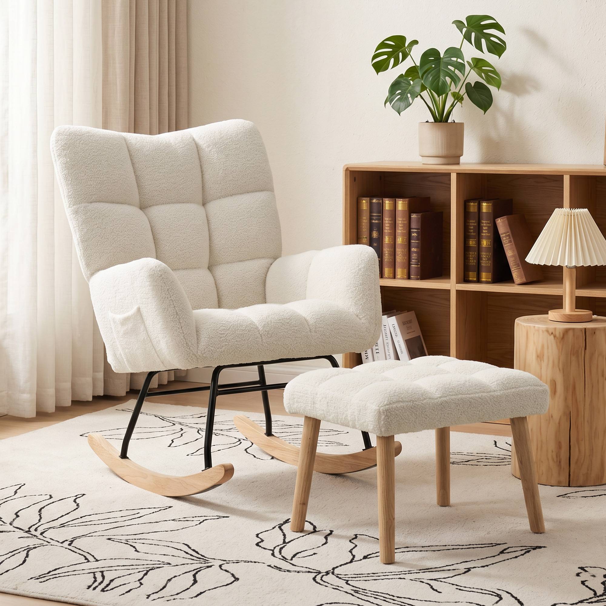 Fauteuil à Bascule avec Repose-Pieds, Rocking Chair en Tissu Bouclette, Assise Rembourrée, Dossier Large, Crème - Image 3