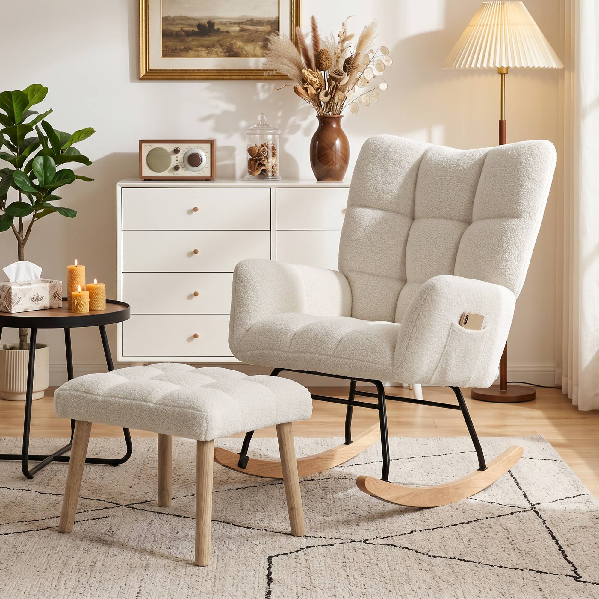 Fauteuil à Bascule avec Repose-Pieds, Rocking Chair en Tissu Bouclette, Assise Rembourrée, Dossier Large, Crème - Image 4