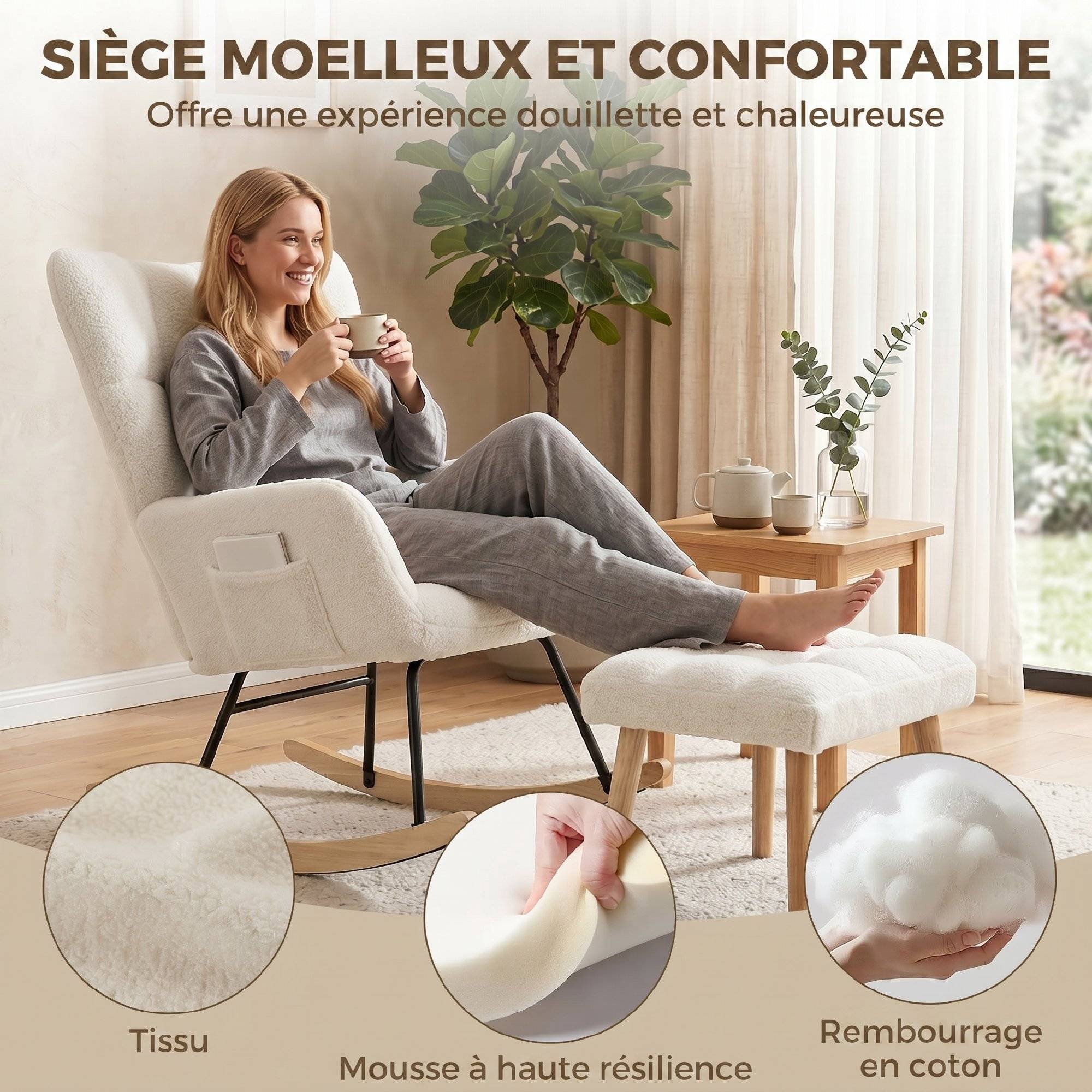 Fauteuil à Bascule avec Repose-Pieds, Rocking Chair en Tissu Bouclette, Assise Rembourrée, Dossier Large, Crème - Image 7