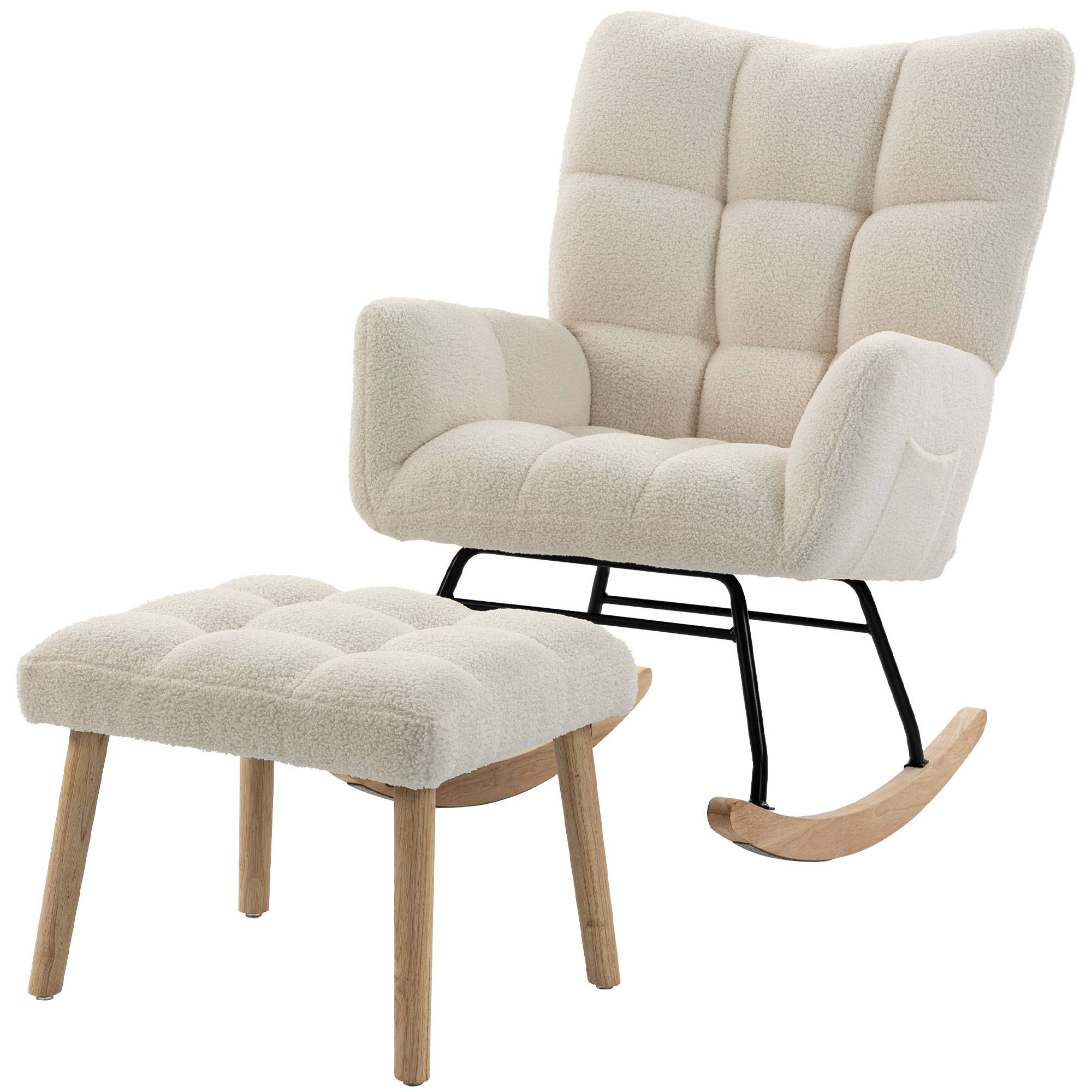 Fauteuil à Bascule avec Repose-Pieds, Rocking Chair en Tissu Bouclette, Assise Rembourrée, Dossier Large, Crème - Image 2