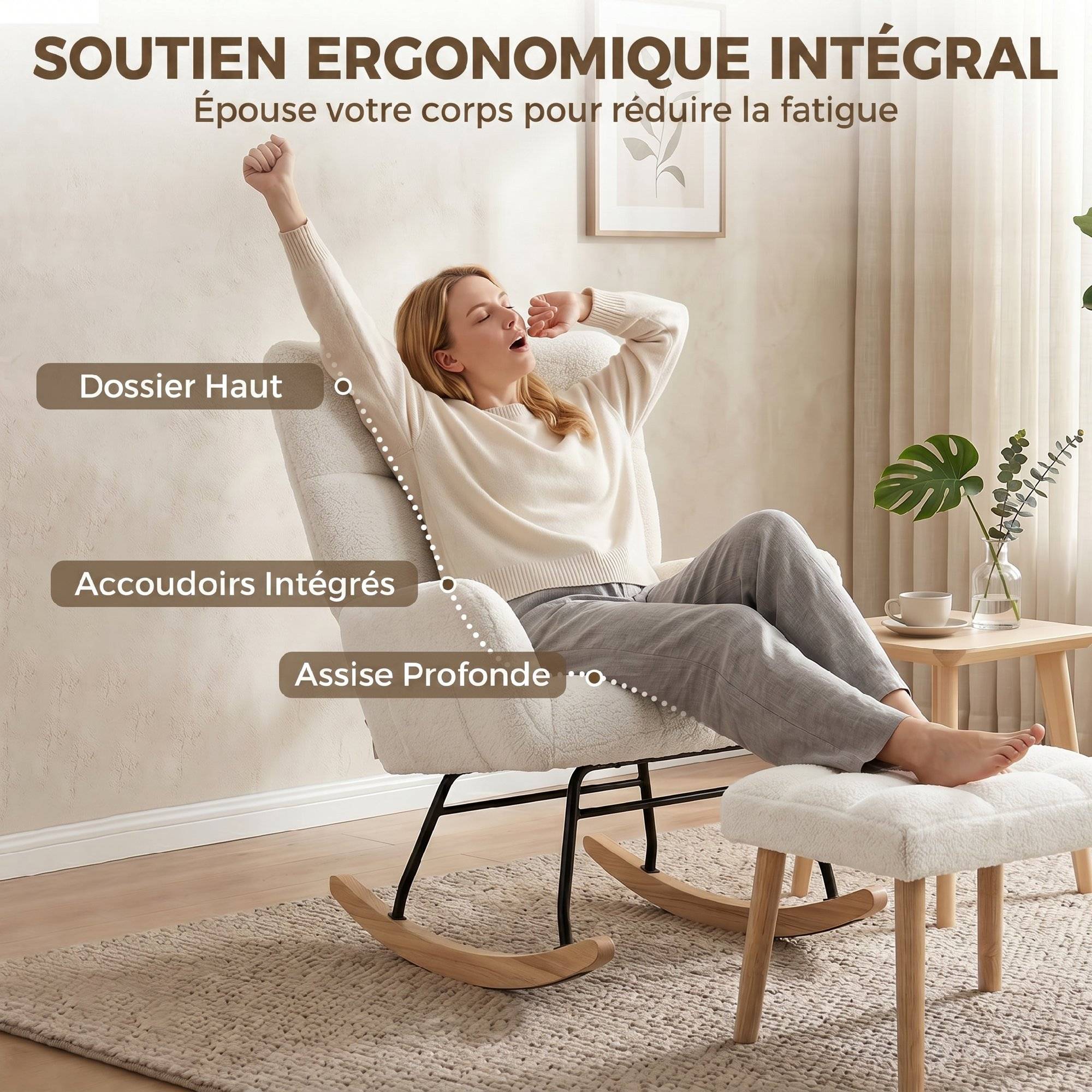 Fauteuil à Bascule avec Repose-Pieds, Rocking Chair en Tissu Bouclette, Assise Rembourrée, Dossier Large, Crème - Image 9