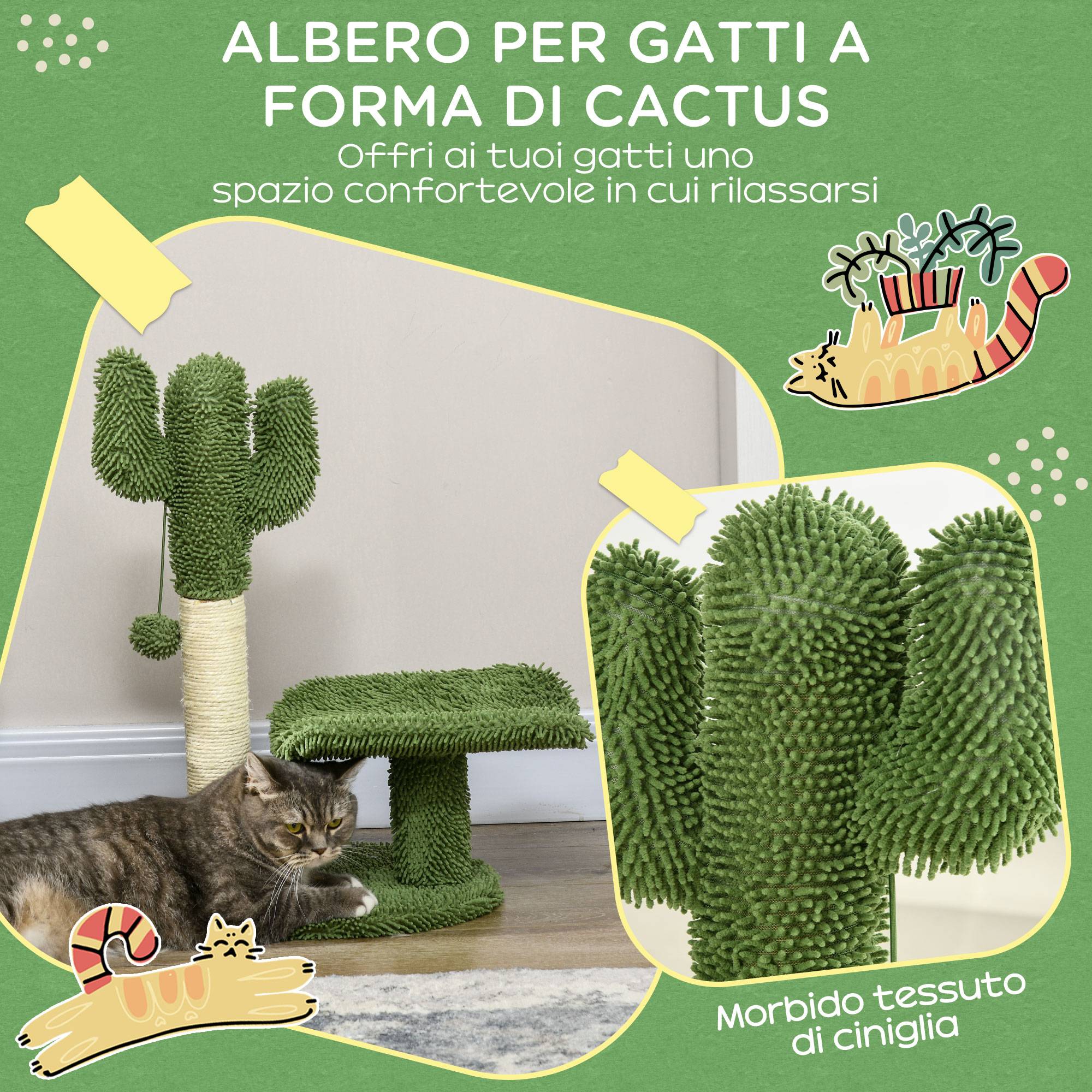 Arbre à chat sisal pour chatons design cactus griffoir et balle de jeu 35x31x55cm vert - ComfortXL Outdoor Living - Image 6