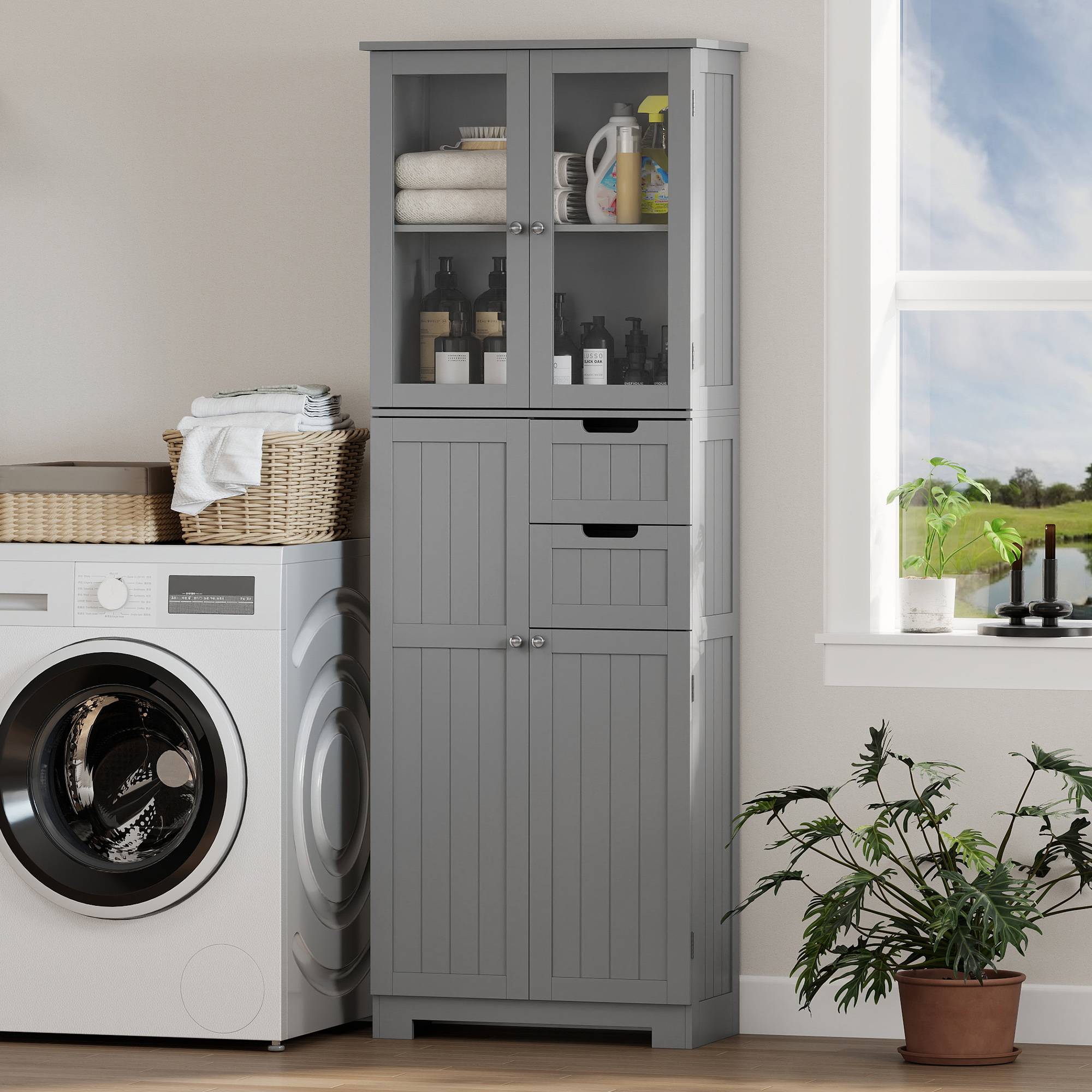 Sans Marque - Meuble Salle Bain Haut Rangement 60x30x170cm Gris - Image 4
