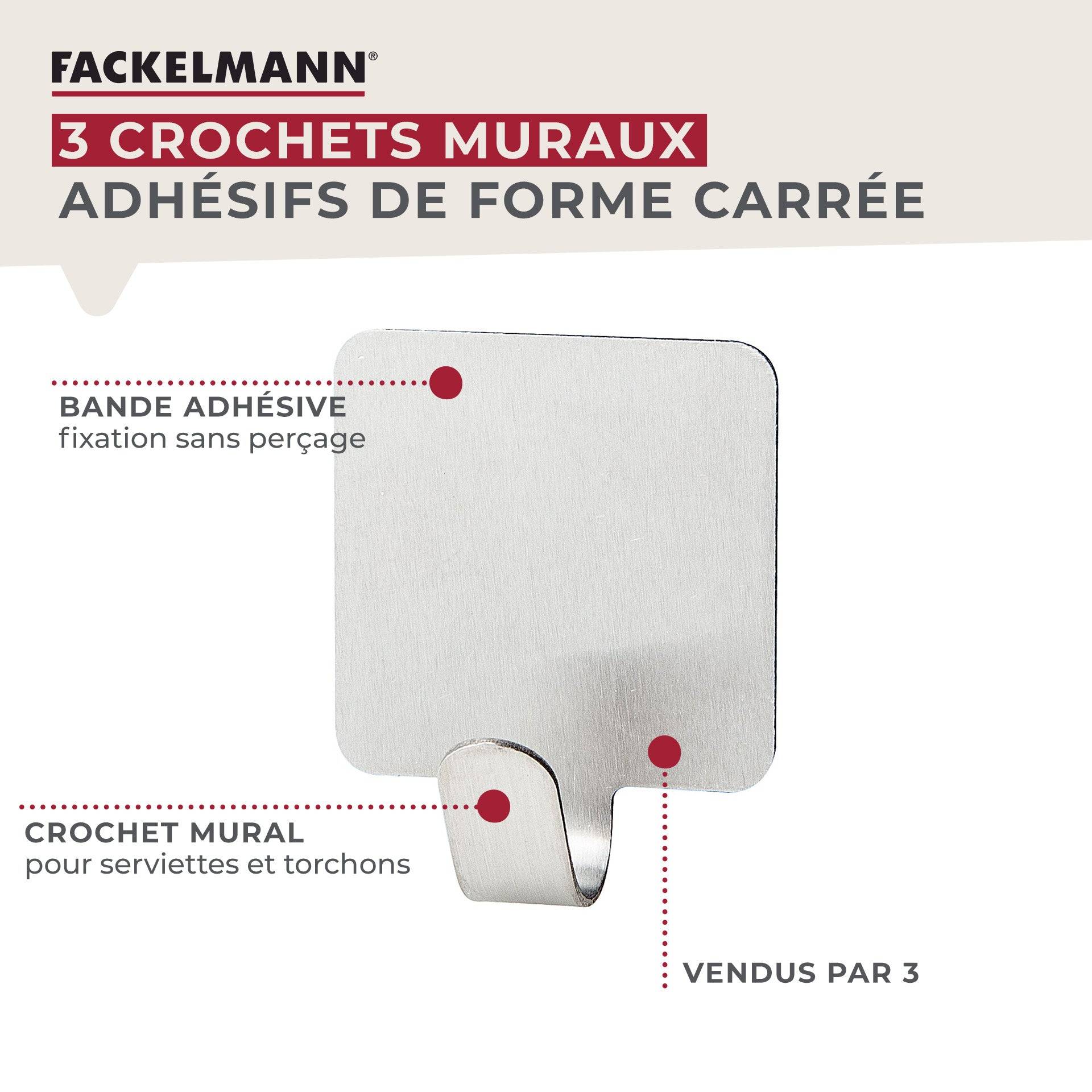 Lot de 3 crochets adhésifs carrés en acier inoxydable Fackelmann Tecno - Image 2