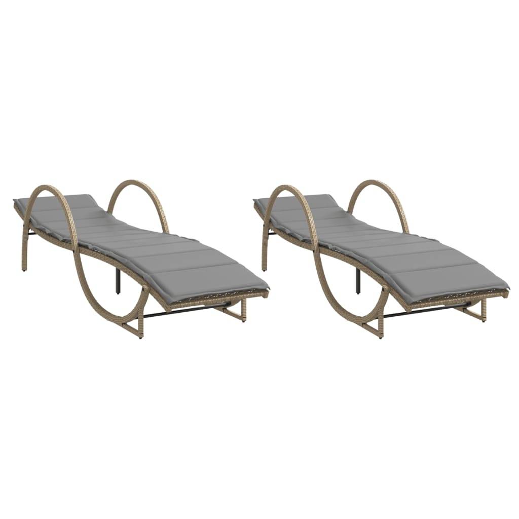 2 pcs Chaises longue | Transat | Bain de soleils avec coussins beige résine tressée - Image 1