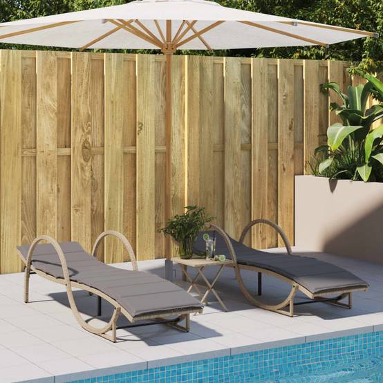 2 pcs Chaises longue | Transat | Bain de soleils avec coussins beige résine tressée - Image 2