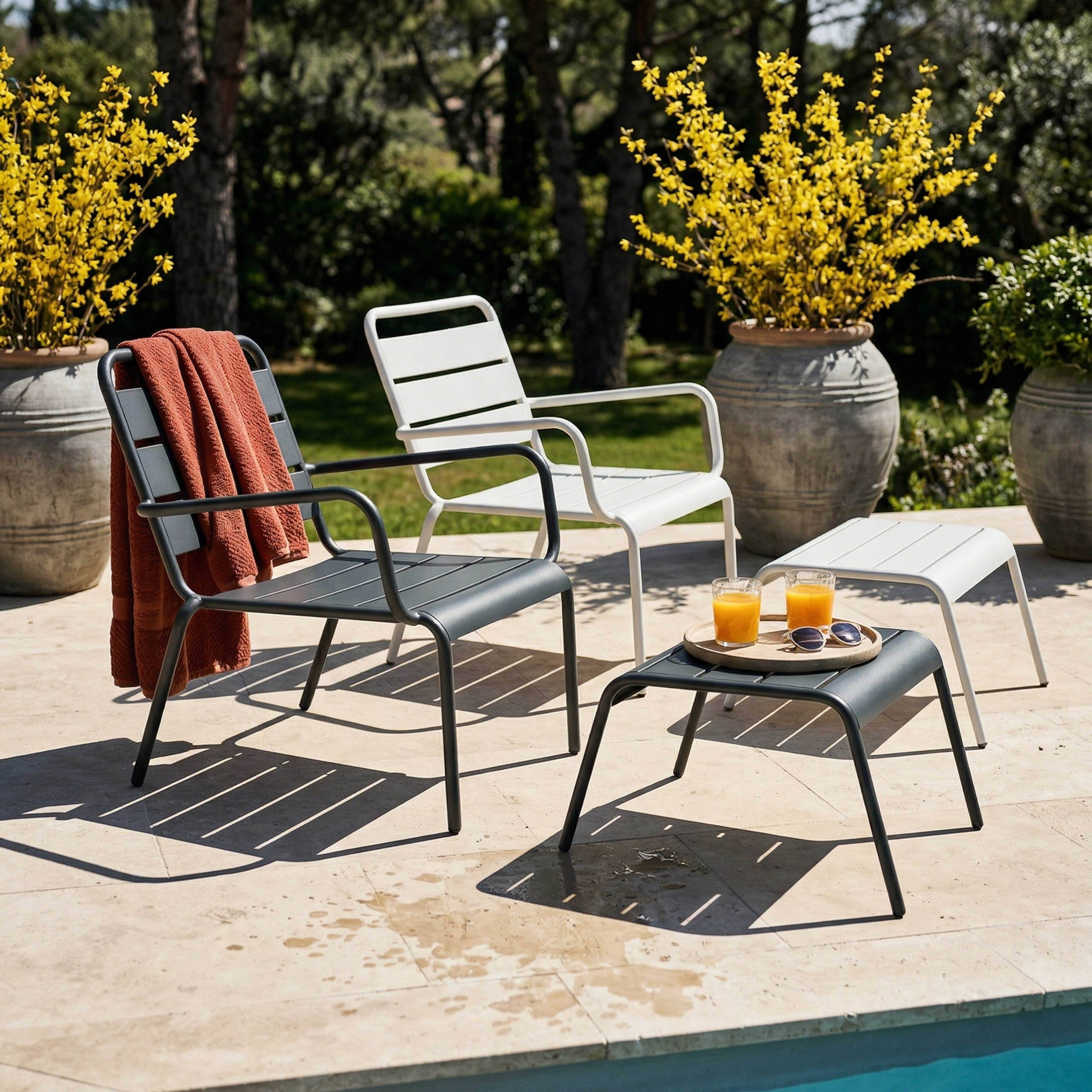Oviala - Lot 2 fauteuils relax avec repose-pieds métal gris et blanc Palavas - Oviala - Imagen 2