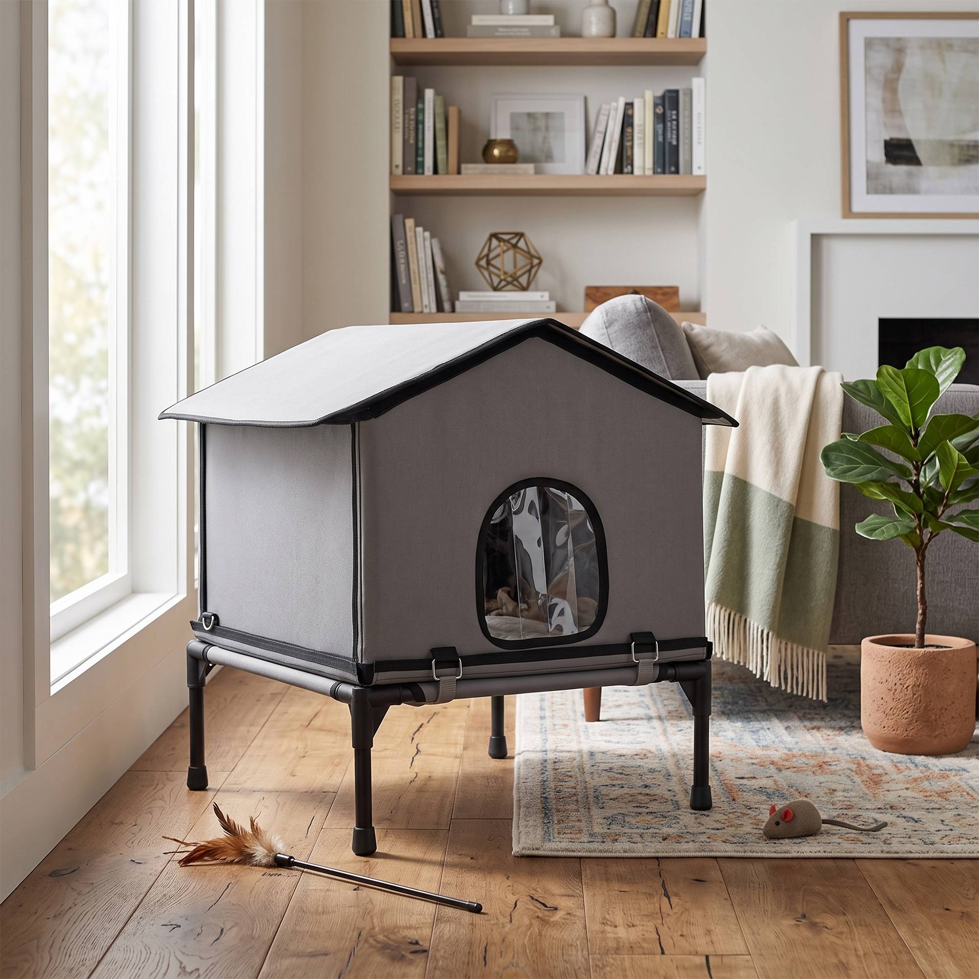 ComfortXL - Niche pour chat extérieure Oxford et plastique 62 x 58,5 x 60 cm grise surélevée déperlante avec coussin - Image 8