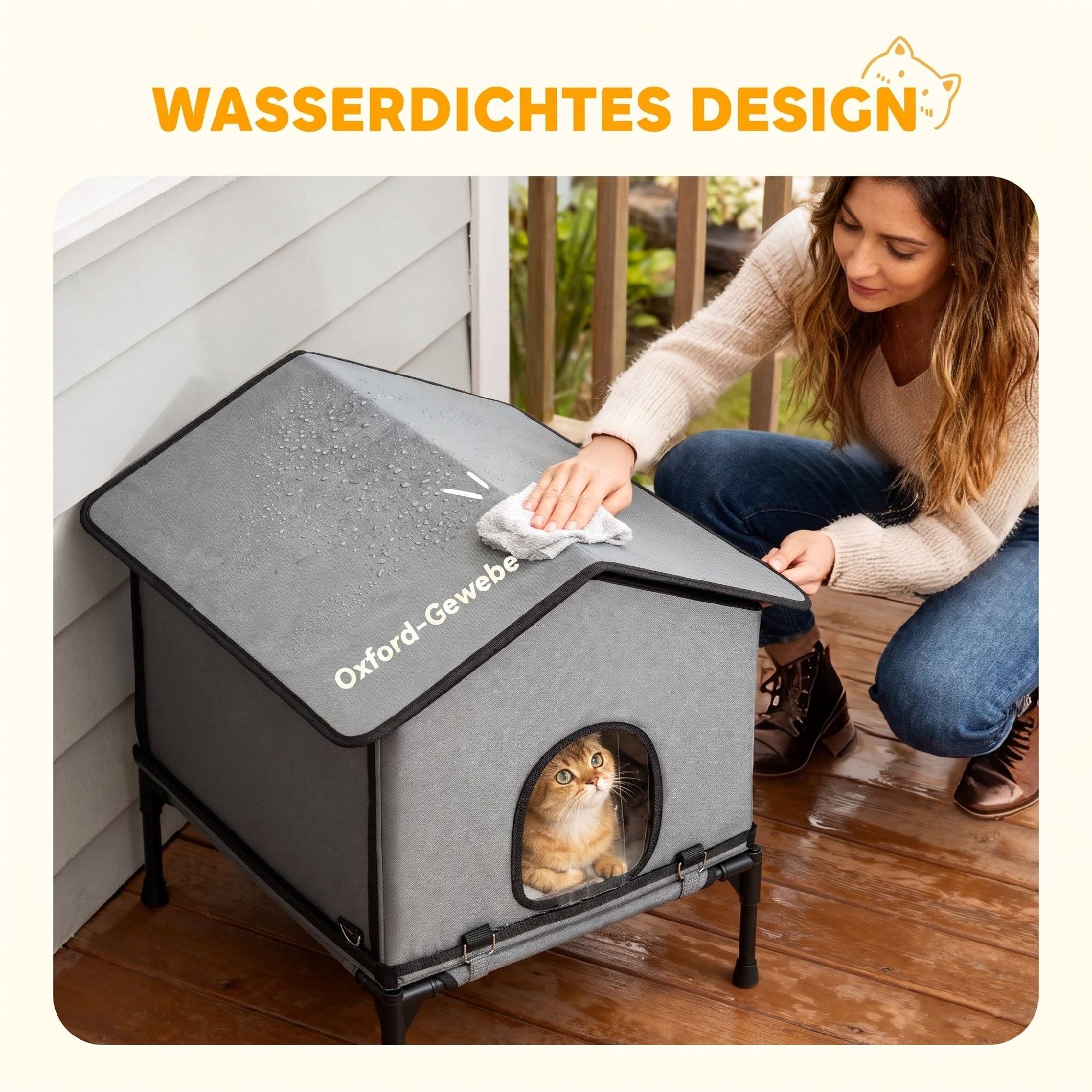 ComfortXL - Niche pour chat extérieure Oxford et plastique 62 x 58,5 x 60 cm grise surélevée déperlante avec coussin - Image 6