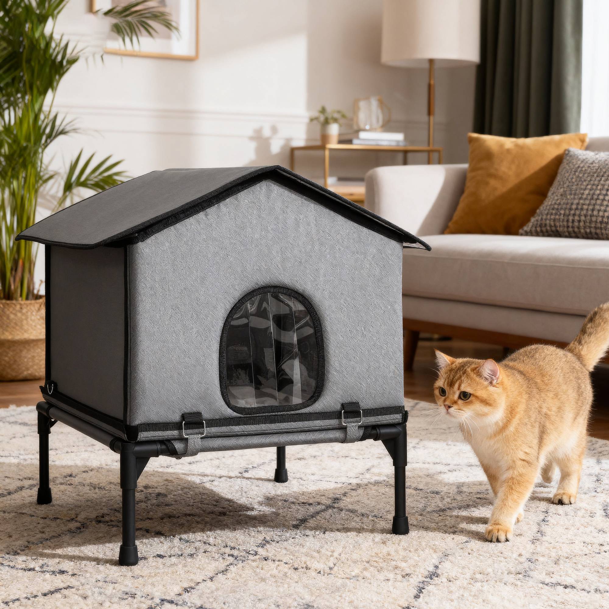 ComfortXL - Niche pour chat extérieure Oxford et plastique 62 x 58,5 x 60 cm grise surélevée déperlante avec coussin - Image 1