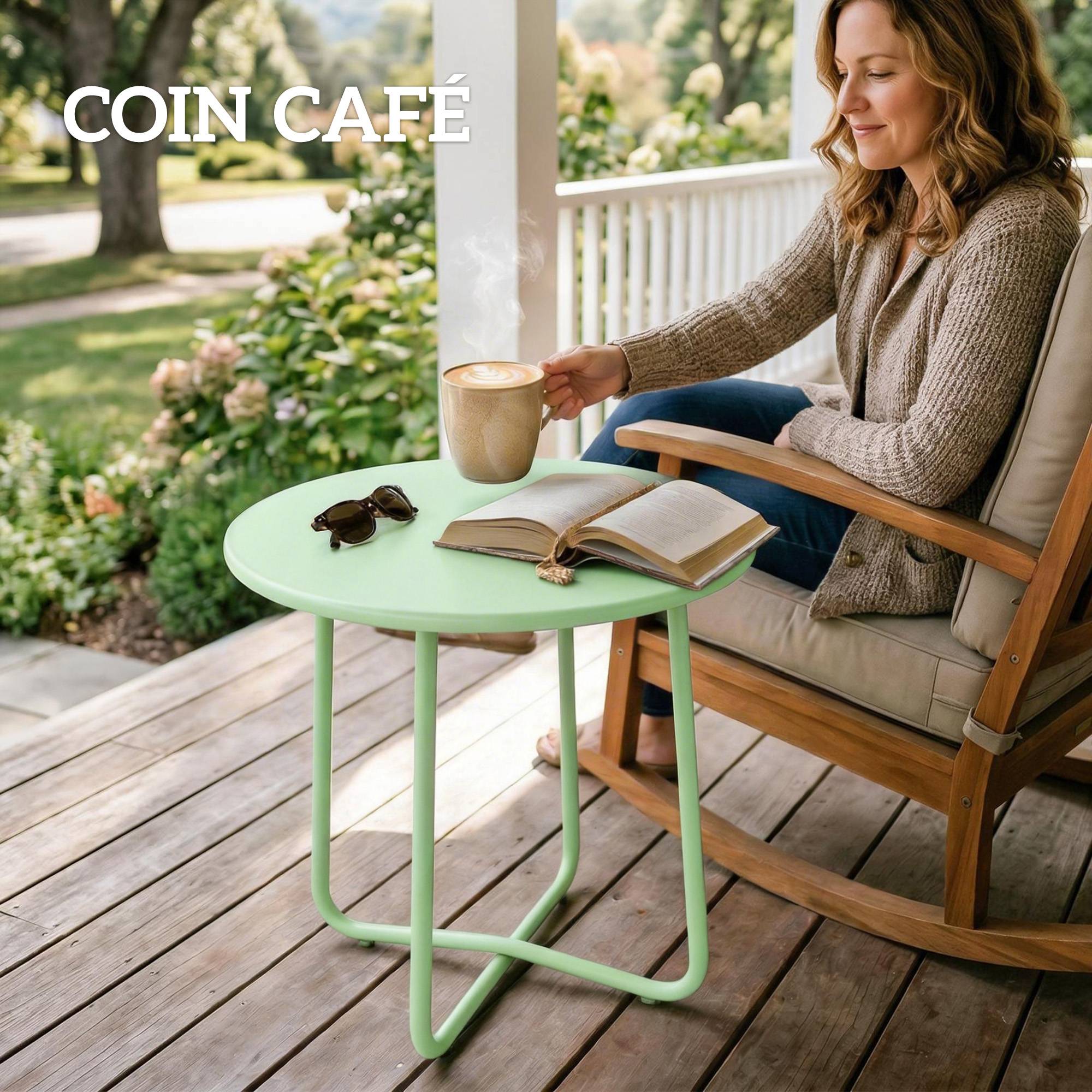 Table D'appoint Jardin Métal Balcon Bord Arrondi Pieds Réglables Ø48x51cm Vert - ComfortXL Outdoor Living - Image 9