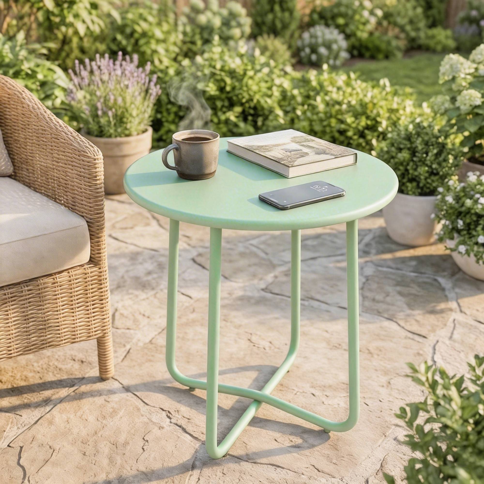Table D'appoint Jardin Métal Balcon Bord Arrondi Pieds Réglables Ø48x51cm Vert - ComfortXL Outdoor Living - Image 4