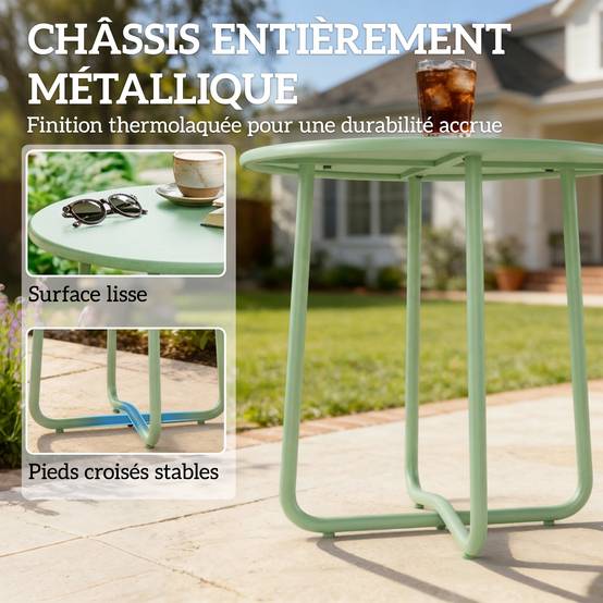 Table D'appoint Jardin Métal Balcon Bord Arrondi Pieds Réglables Ø48x51cm Vert - ComfortXL Outdoor Living - Image 7