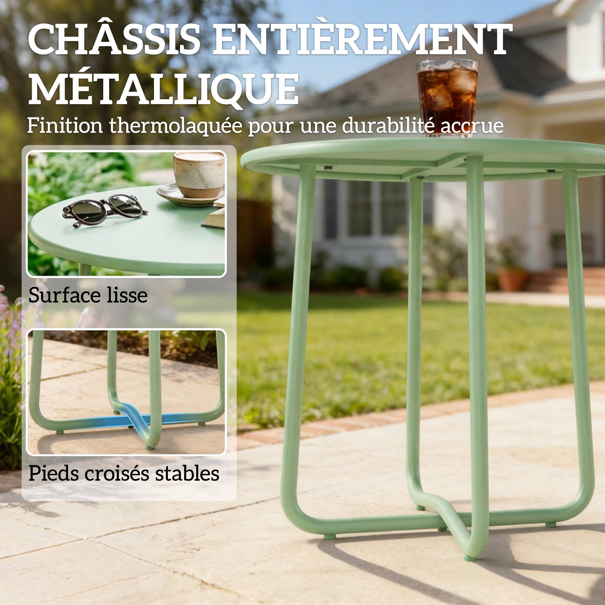 Table D'appoint Jardin Métal Balcon Bord Arrondi Pieds Réglables Ø48x51cm Vert - ComfortXL Outdoor Living - Image 7