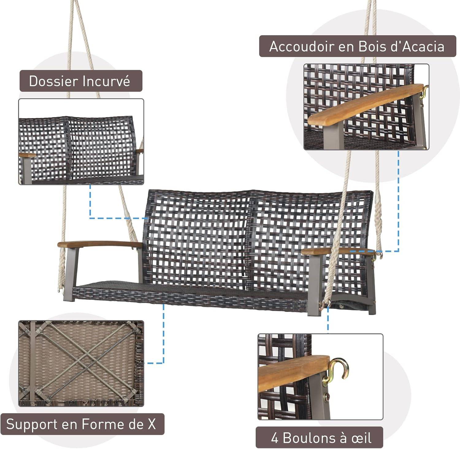 Costway - Balançoire à Suspendre en Plastique PE, Dossier Incurvé et Accoudoirs en Bois, Charge 360 kg - Image 3
