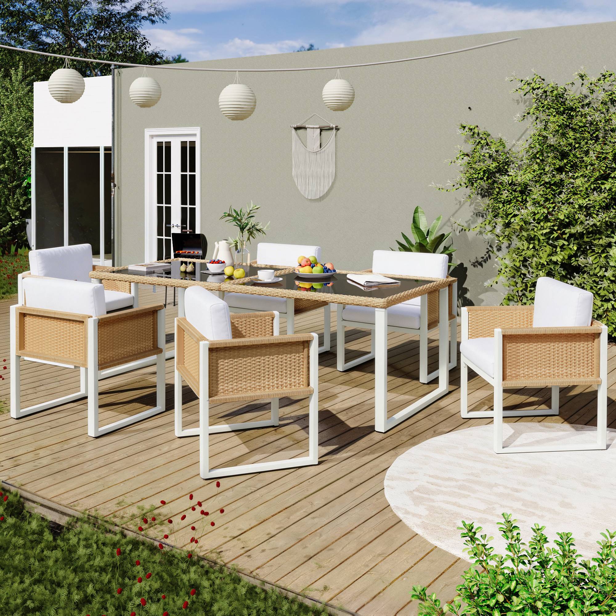 Set mobilier jardin 6 places avec table verre Acacia et Rattan - PANGIVO - Image 3